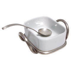 Postmodern Lino Sabattini Silver-Plated and Ceramic Cheese Bowl with Spoon