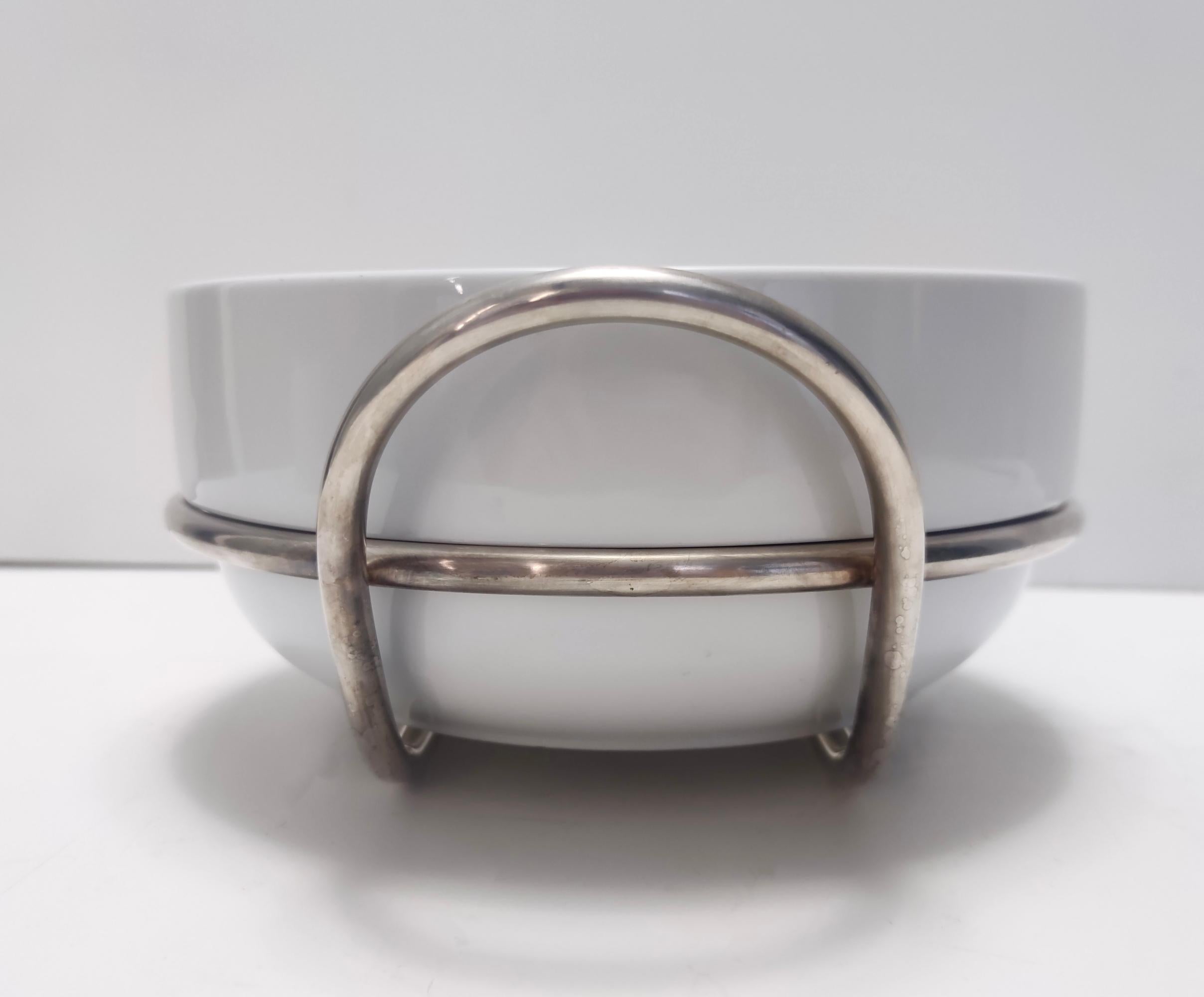 Postmodern Lino Sabattini Silver-Plated and White Ceramic Serving Bowl, Italy For Sale 2