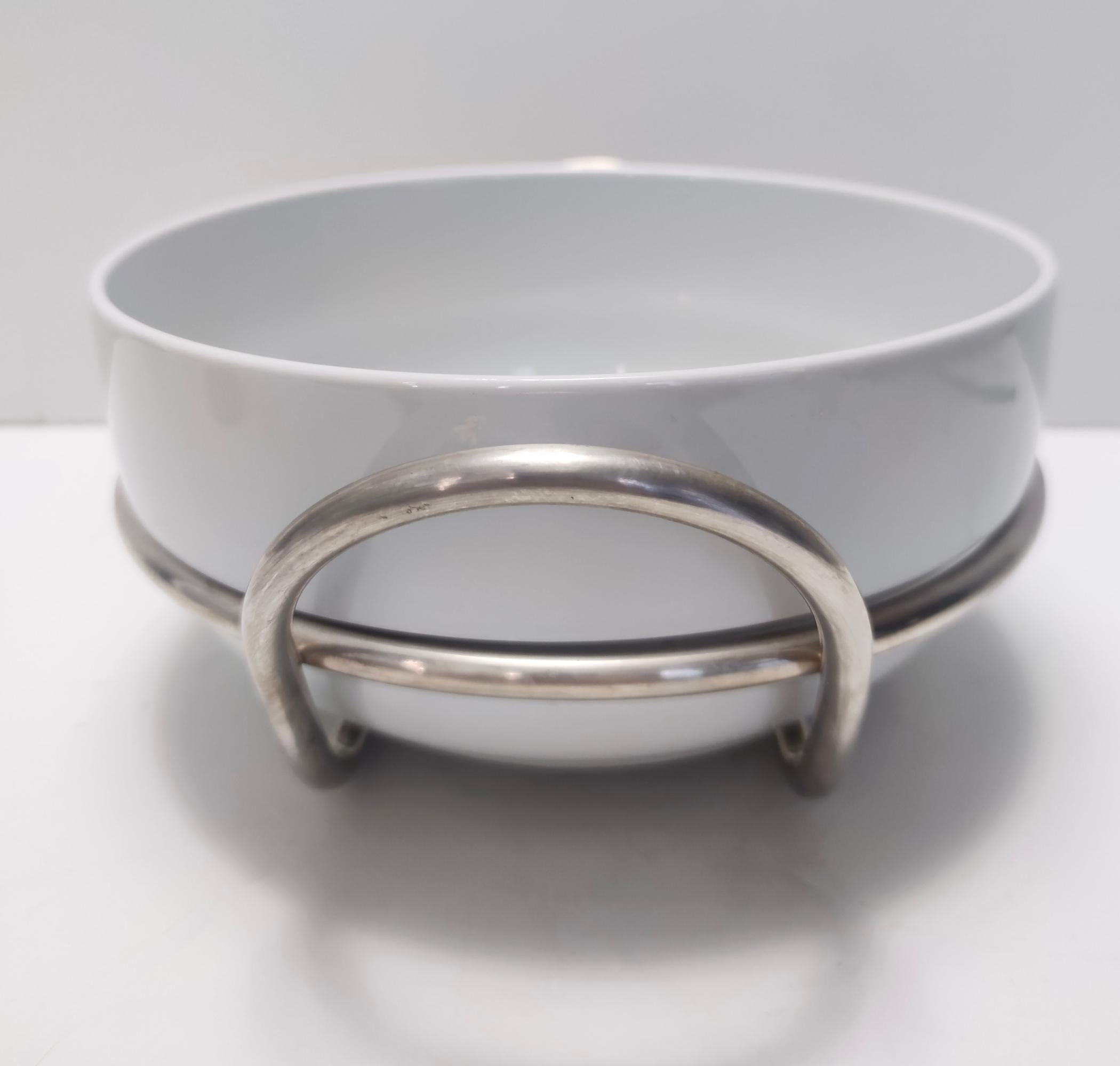 Postmodern Lino Sabattini Silver-Plated and White Ceramic Serving Bowl, Italy For Sale 3