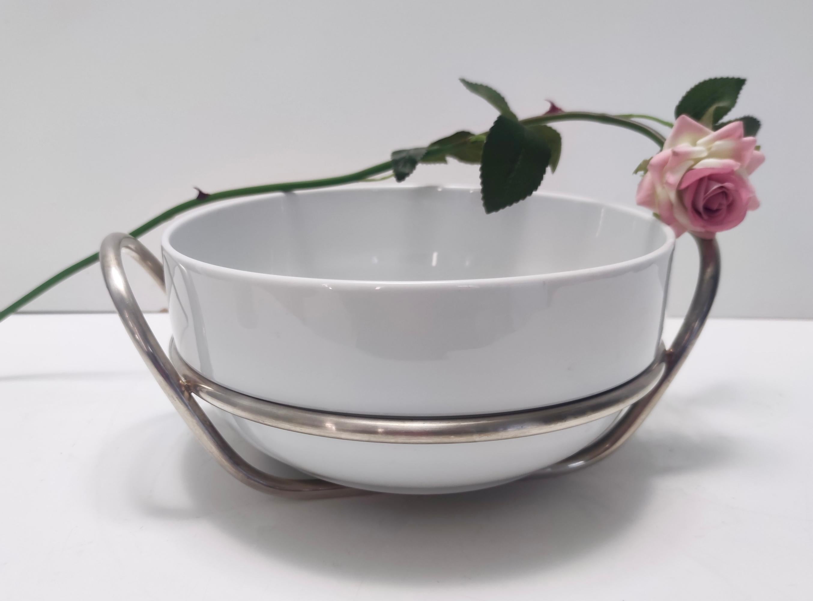 Post-Modern Postmodern Lino Sabattini Silver-Plated and White Ceramic Serving Bowl, Italy For Sale