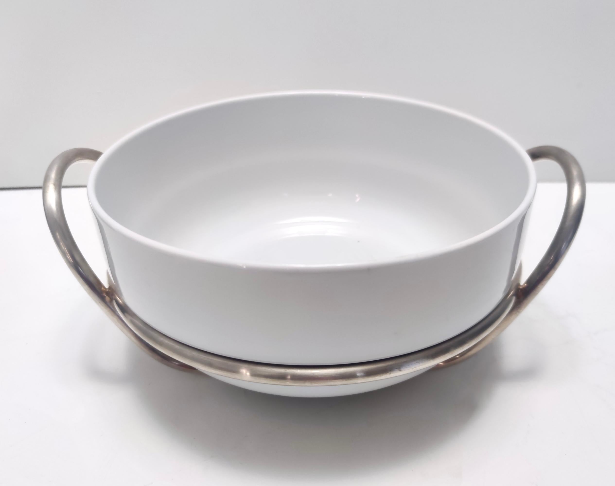 Italian Postmodern Lino Sabattini Silver-Plated and White Ceramic Serving Bowl, Italy For Sale