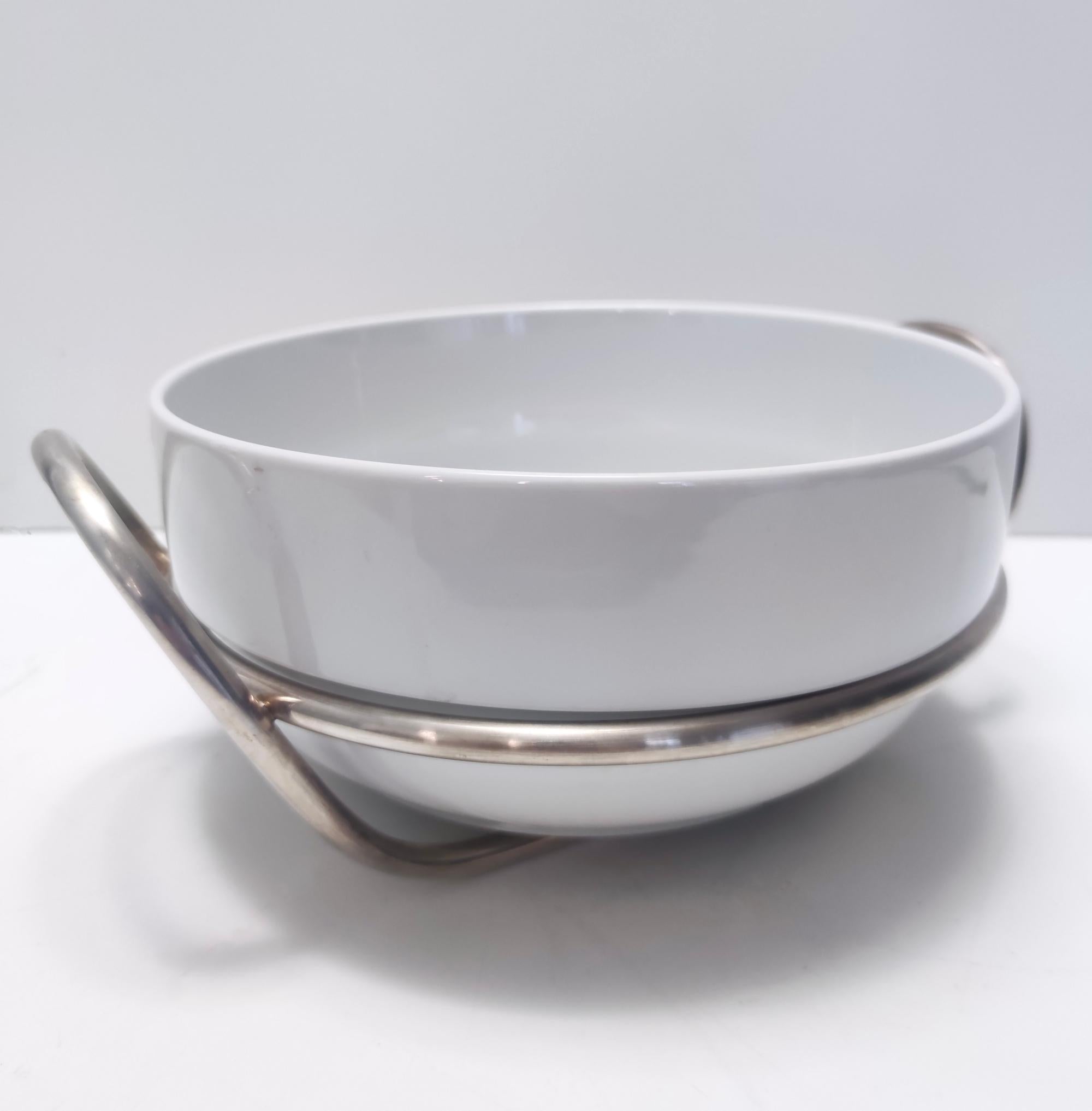 Metal Postmodern Lino Sabattini Silver-Plated and White Ceramic Serving Bowl, Italy For Sale