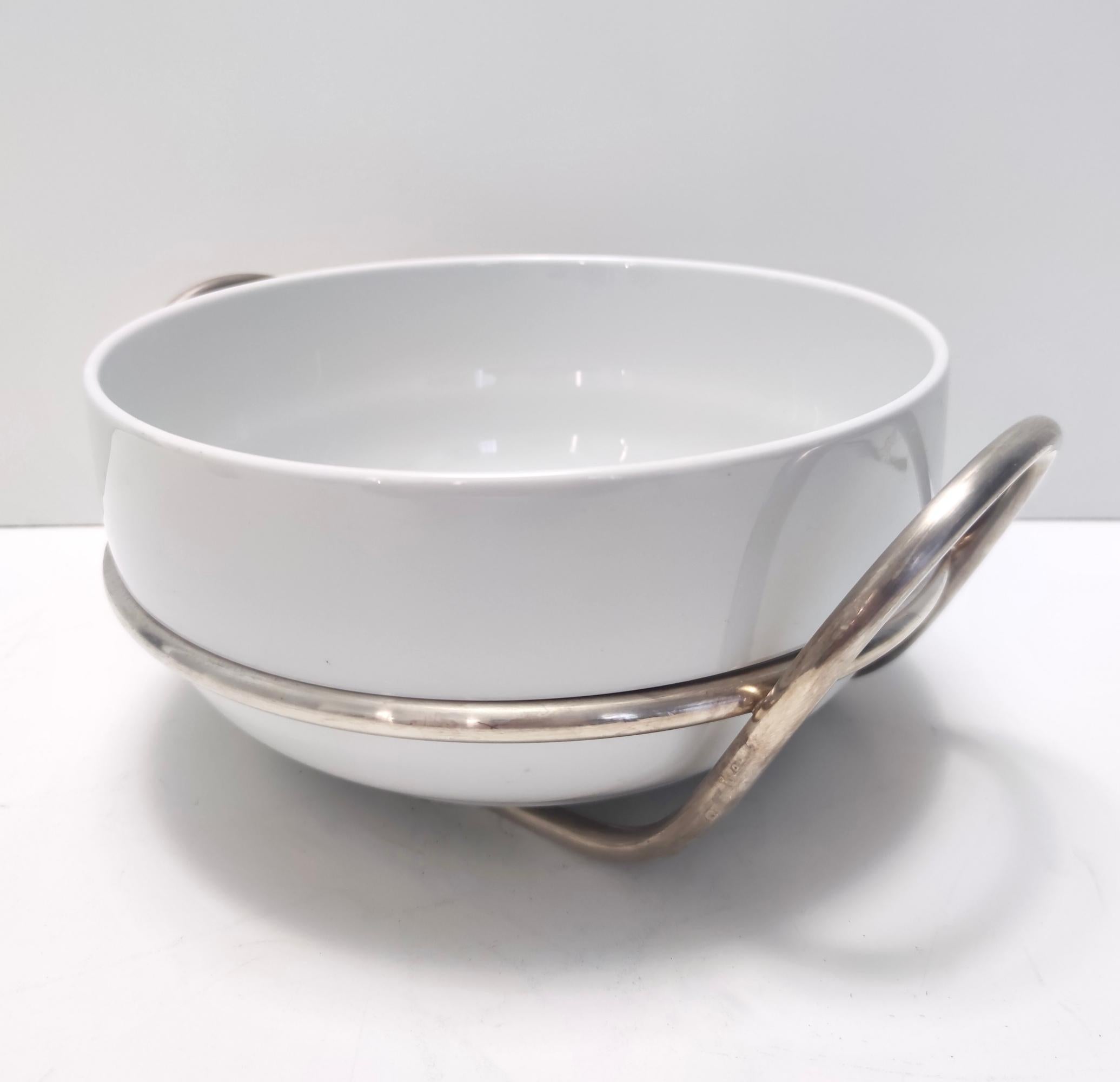 Postmodern Lino Sabattini Silver-Plated and White Ceramic Serving Bowl, Italy For Sale 1