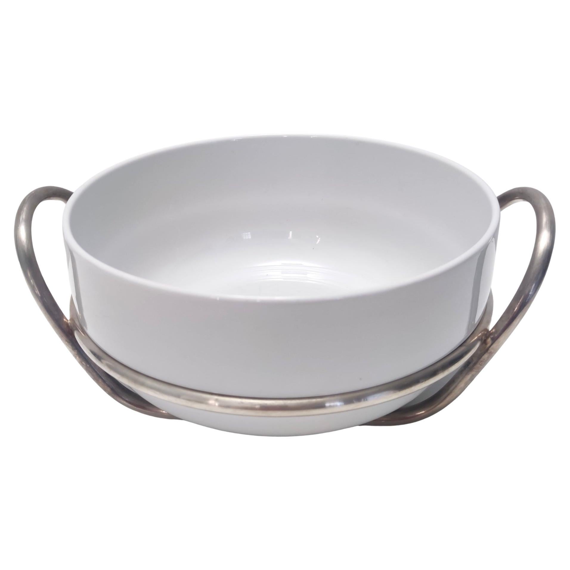 Postmodern Lino Sabattini Silver-Plated and White Ceramic Serving Bowl, Italy