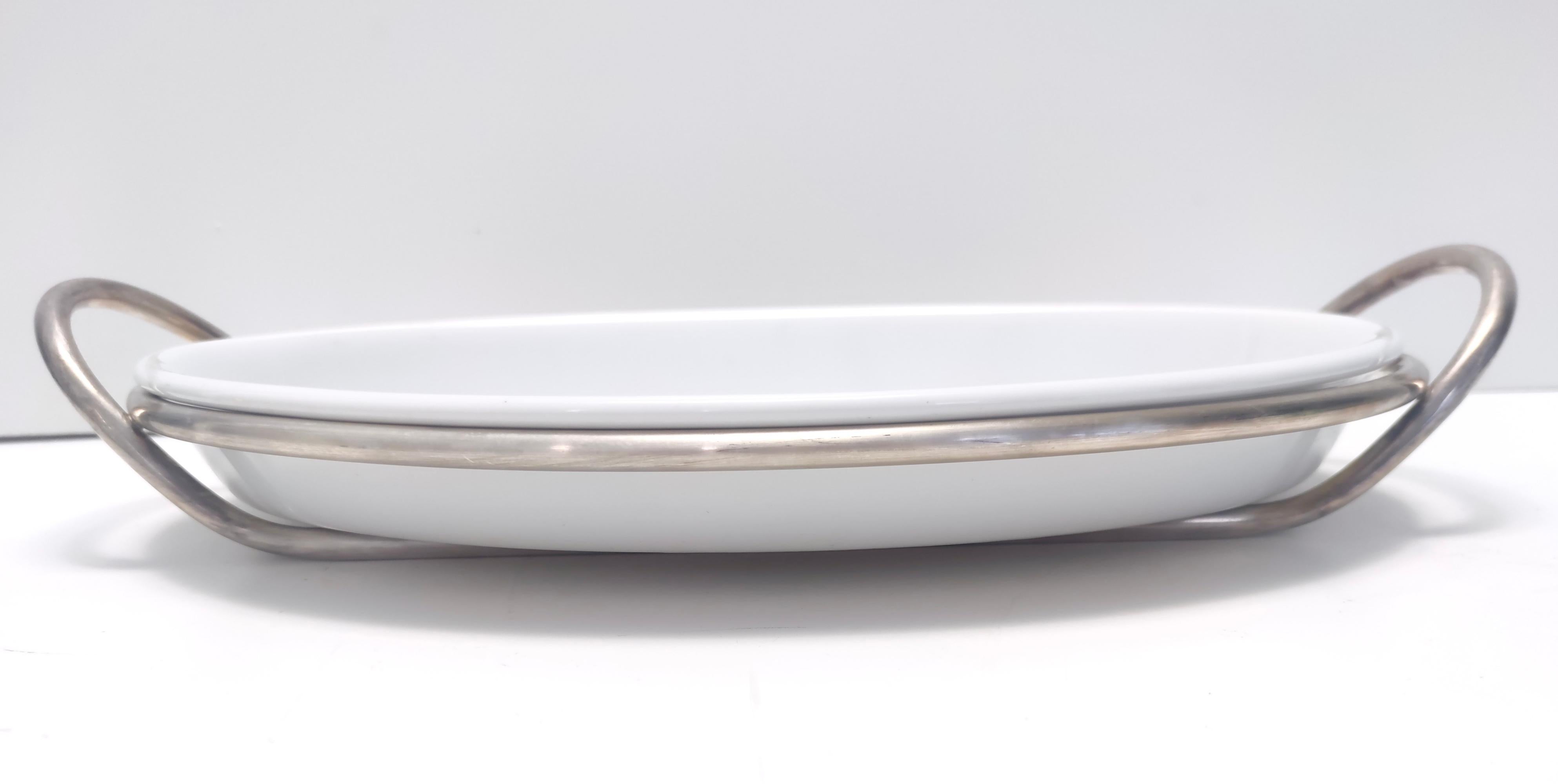 Italian Postmodern Lino Sabattini Silver-Plated and Ceramic Serving Plate, Italy For Sale