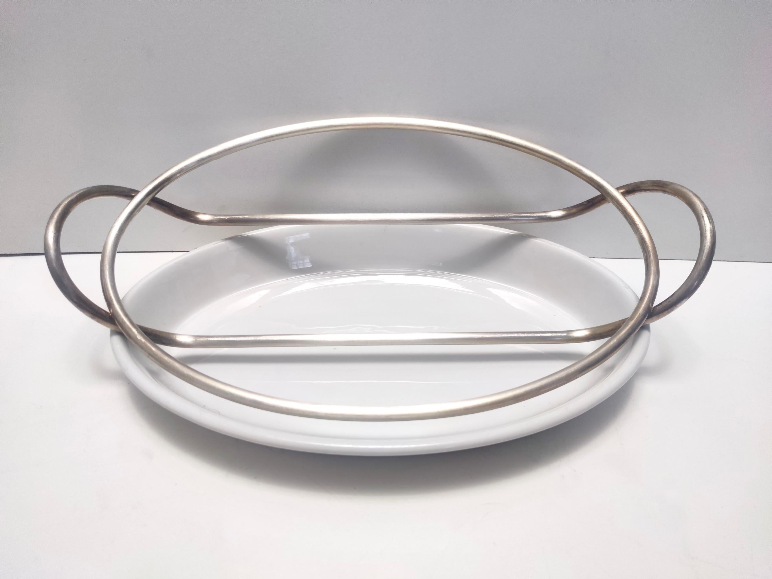 Métal Assiette de service postmoderne Lino Sabattini en métal argenté et céramique, Italie en vente