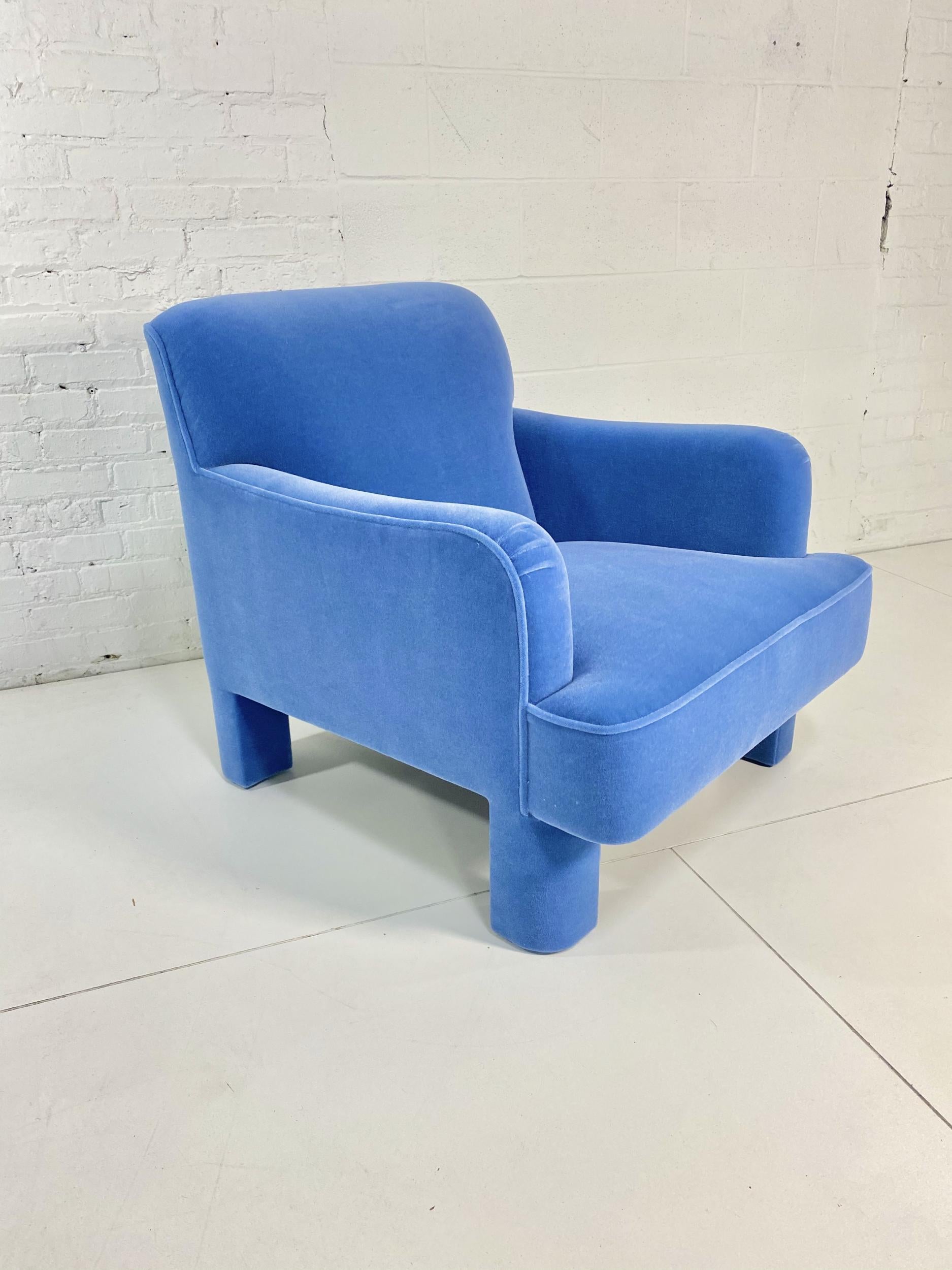 Postmodern lounge chair, circa 1980’s. Fully restored with perrywinkle Mohair.