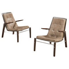 Post-Modern Pair of Lounge Chairs with Steel and Wenge Wooden Frames