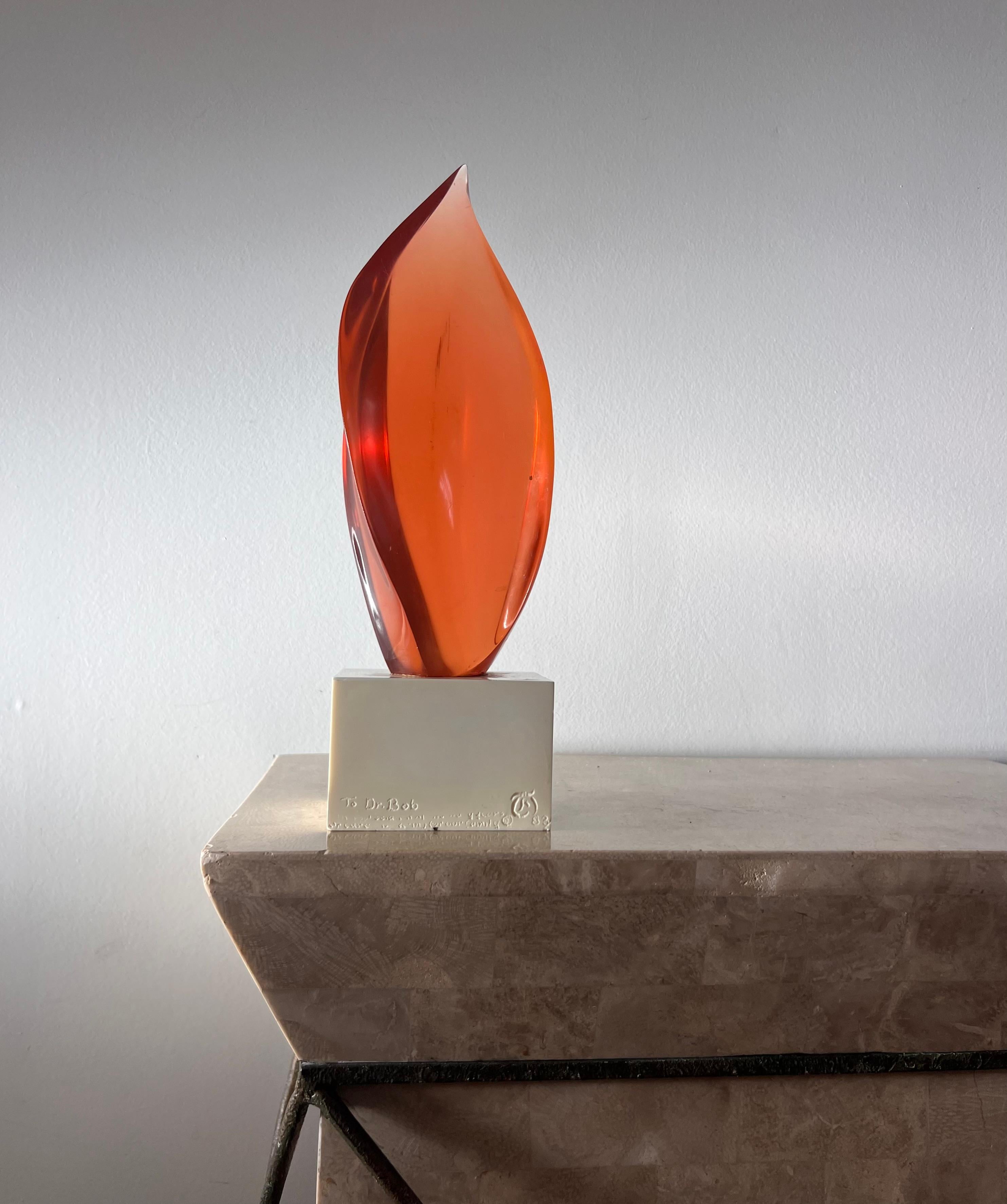Late 20th Century Postmodern lucite amber flame sculpture, 1983 For Sale