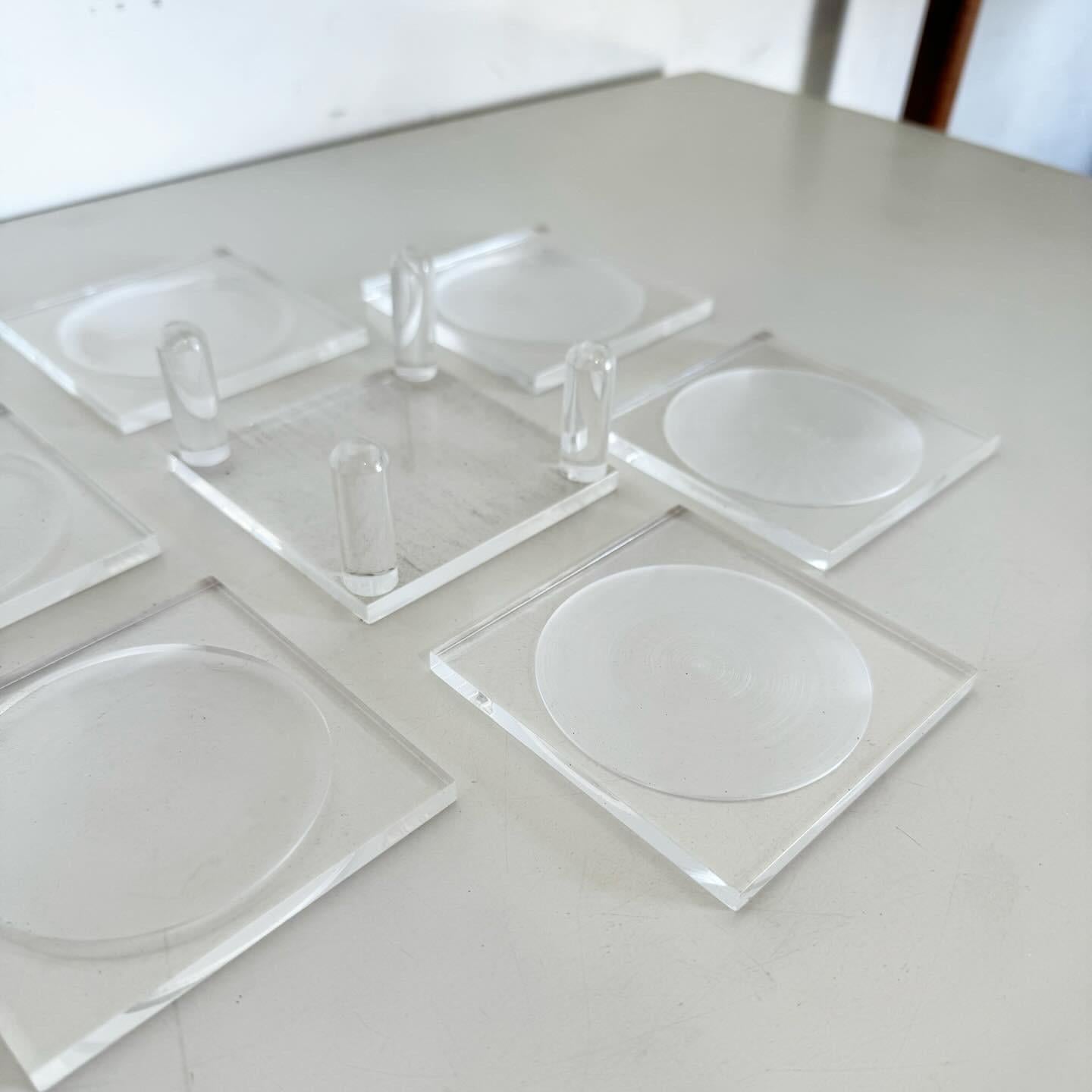 American Postmodern Lucite Coasters With Holder - Set of 6
