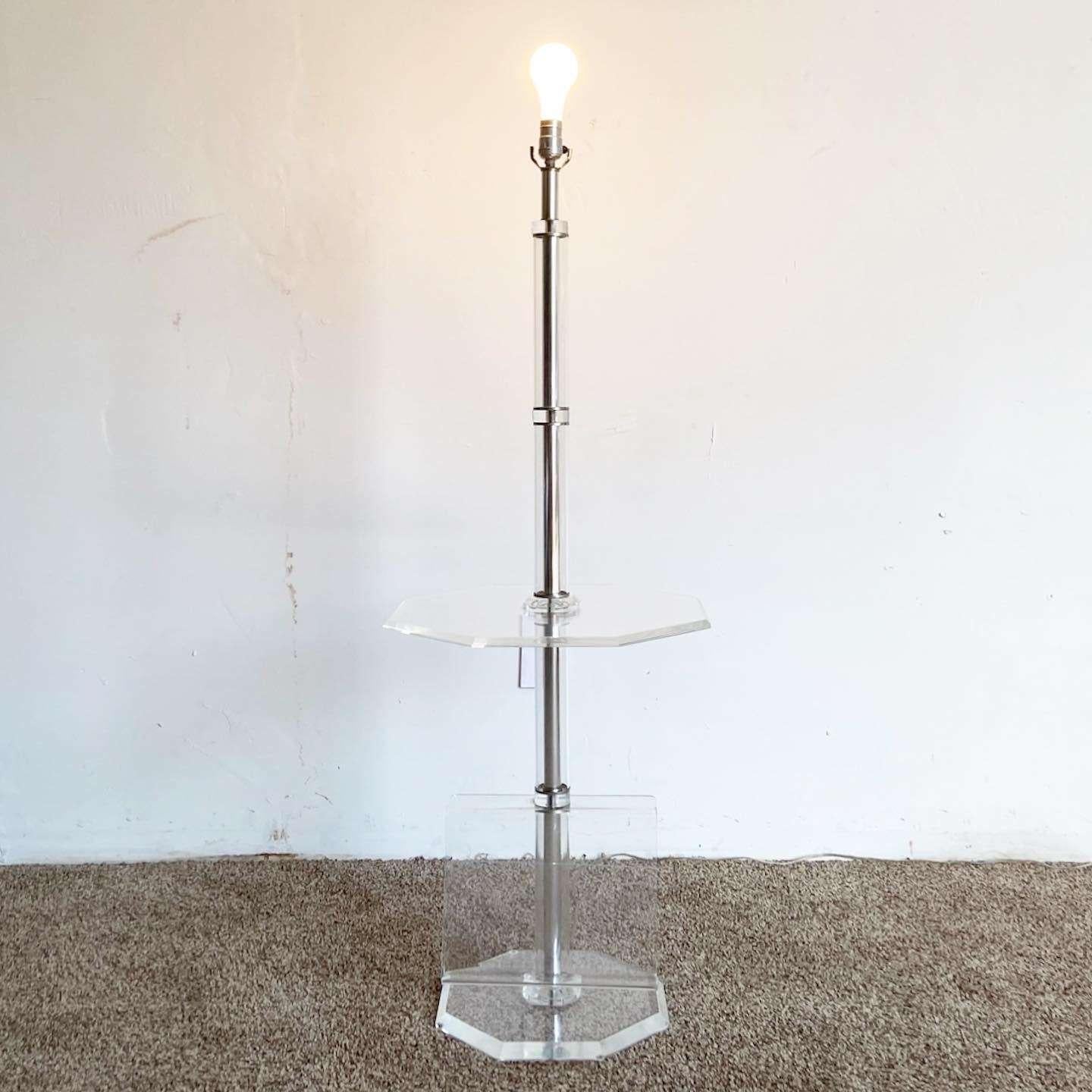 Postmodern Lucite Floor Lamp/Table/Magazine Rack In Good Condition For Sale In Delray Beach, FL