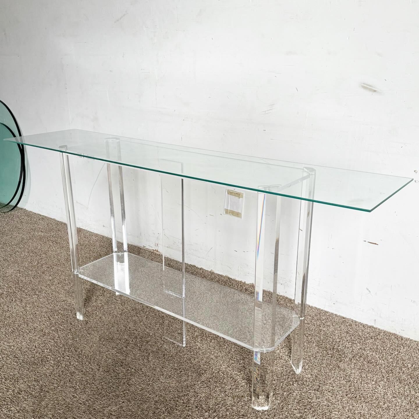 Post-Modern Postmodern Lucite Glass Top Console Table For Sale