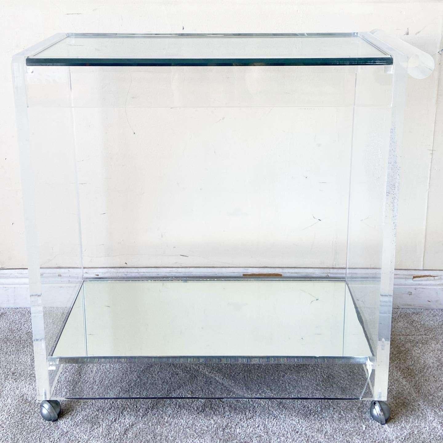 Post-Modern Postmodern Lucite Mirror and Glass Top Bar Cart For Sale