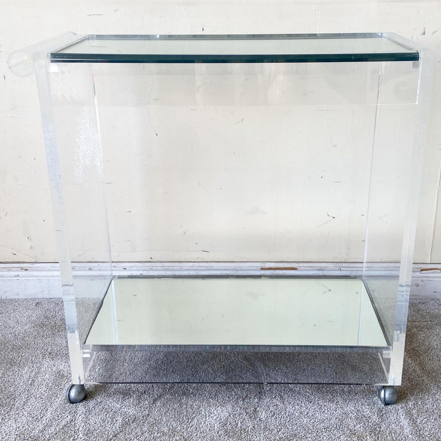 American Postmodern Lucite Mirror and Glass Top Bar Cart