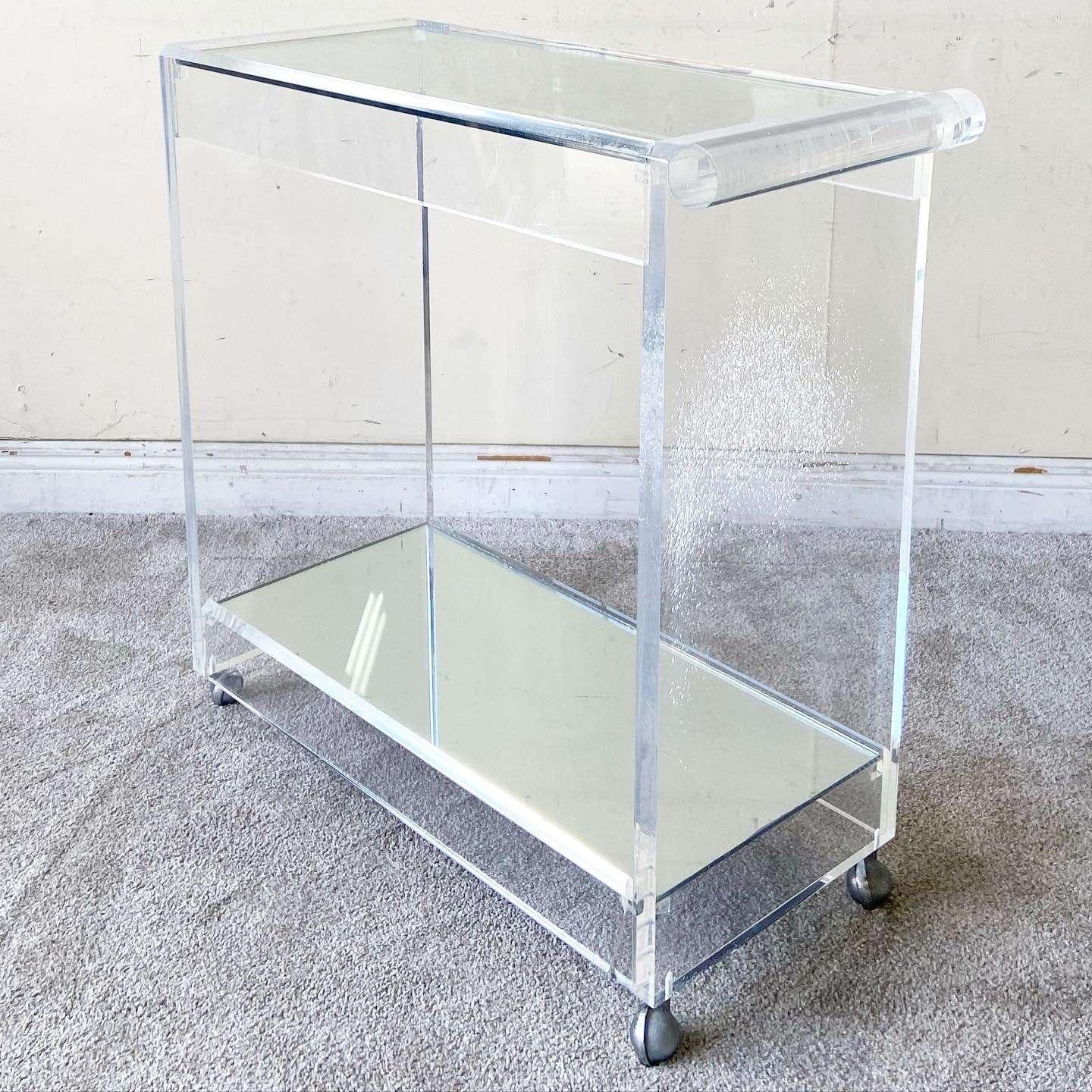 Postmodern Lucite Mirror and Glass Top Bar Cart In Good Condition For Sale In Delray Beach, FL