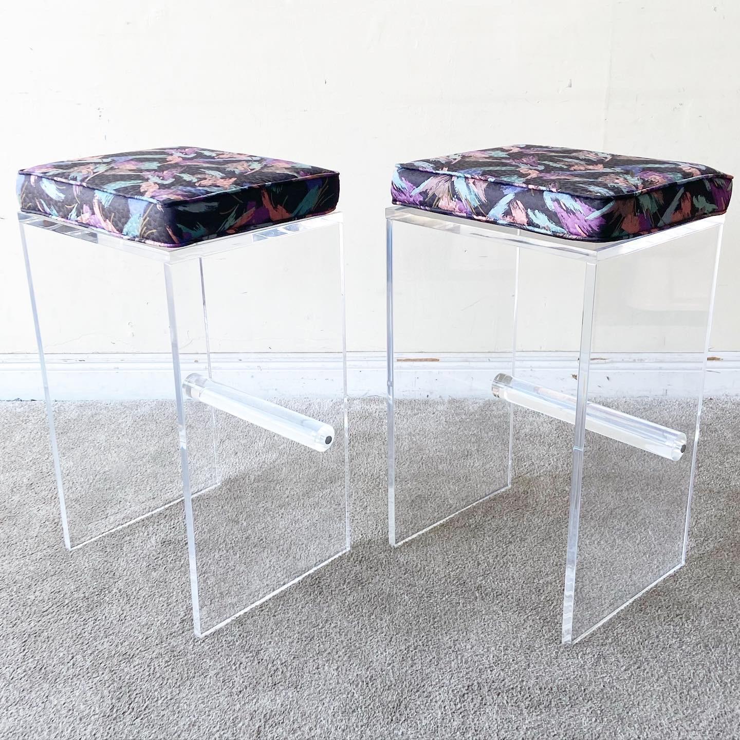 Post-Modern Postmodern Lucite Stools With Multi Color Cushions