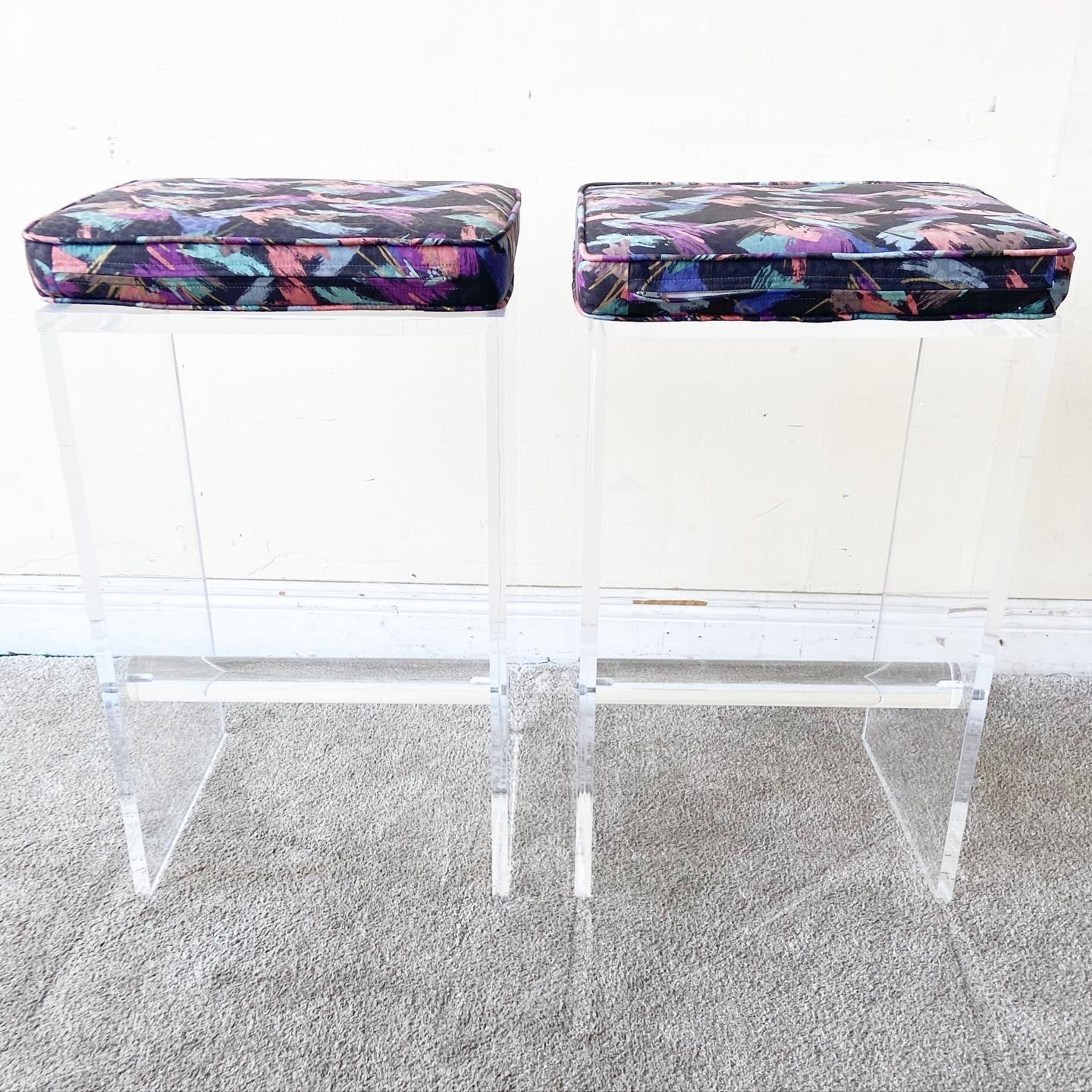 North American Postmodern Lucite Stools With Multi Color Cushions