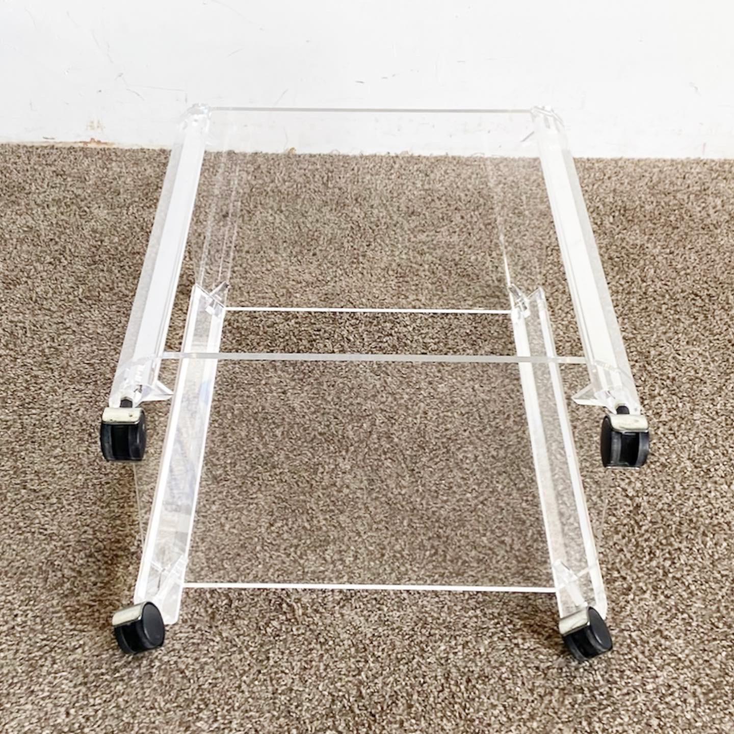 Postmodern Lucite Two Tier Bar Cart on Casters In Good Condition For Sale In Delray Beach, FL