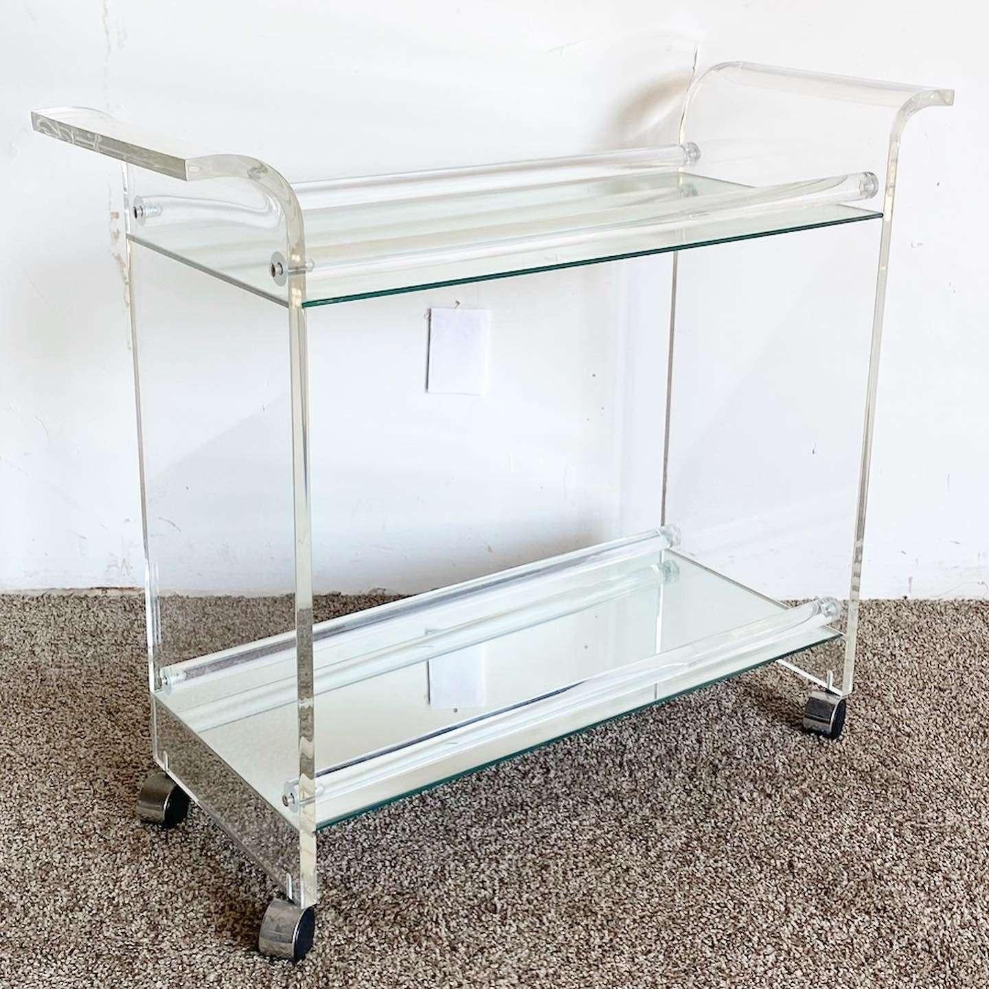 Post-Modern Postmodern Lucite Two Tier Mirrored Bar Cart For Sale