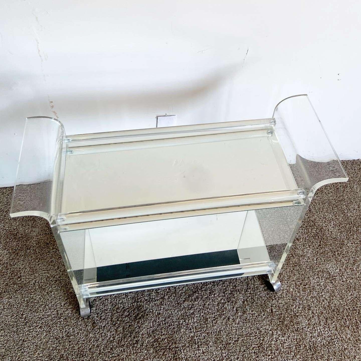 American Postmodern Lucite Two Tier Mirrored Bar Cart For Sale