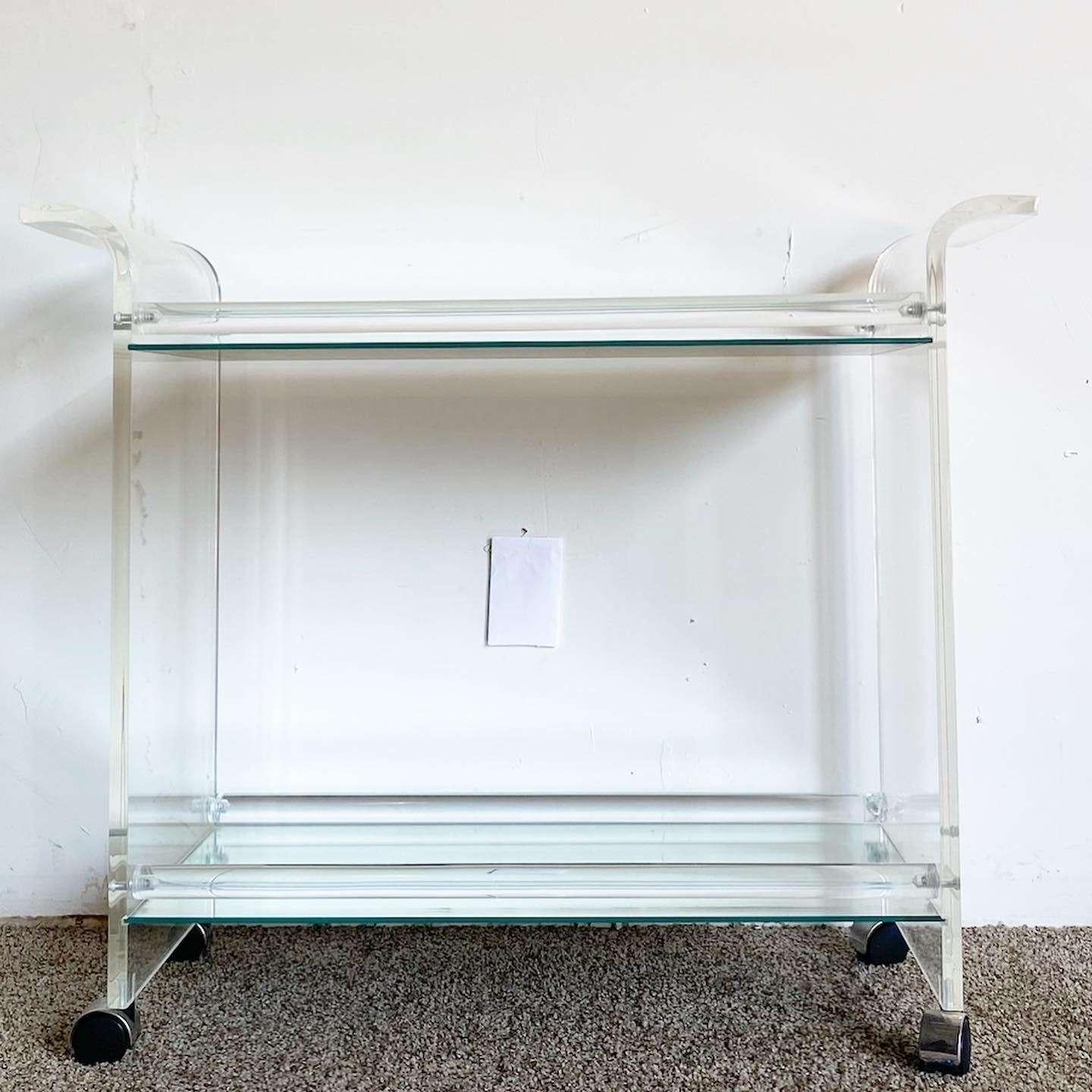 Postmodern Lucite Two Tier Mirrored Bar Cart In Good Condition For Sale In Delray Beach, FL