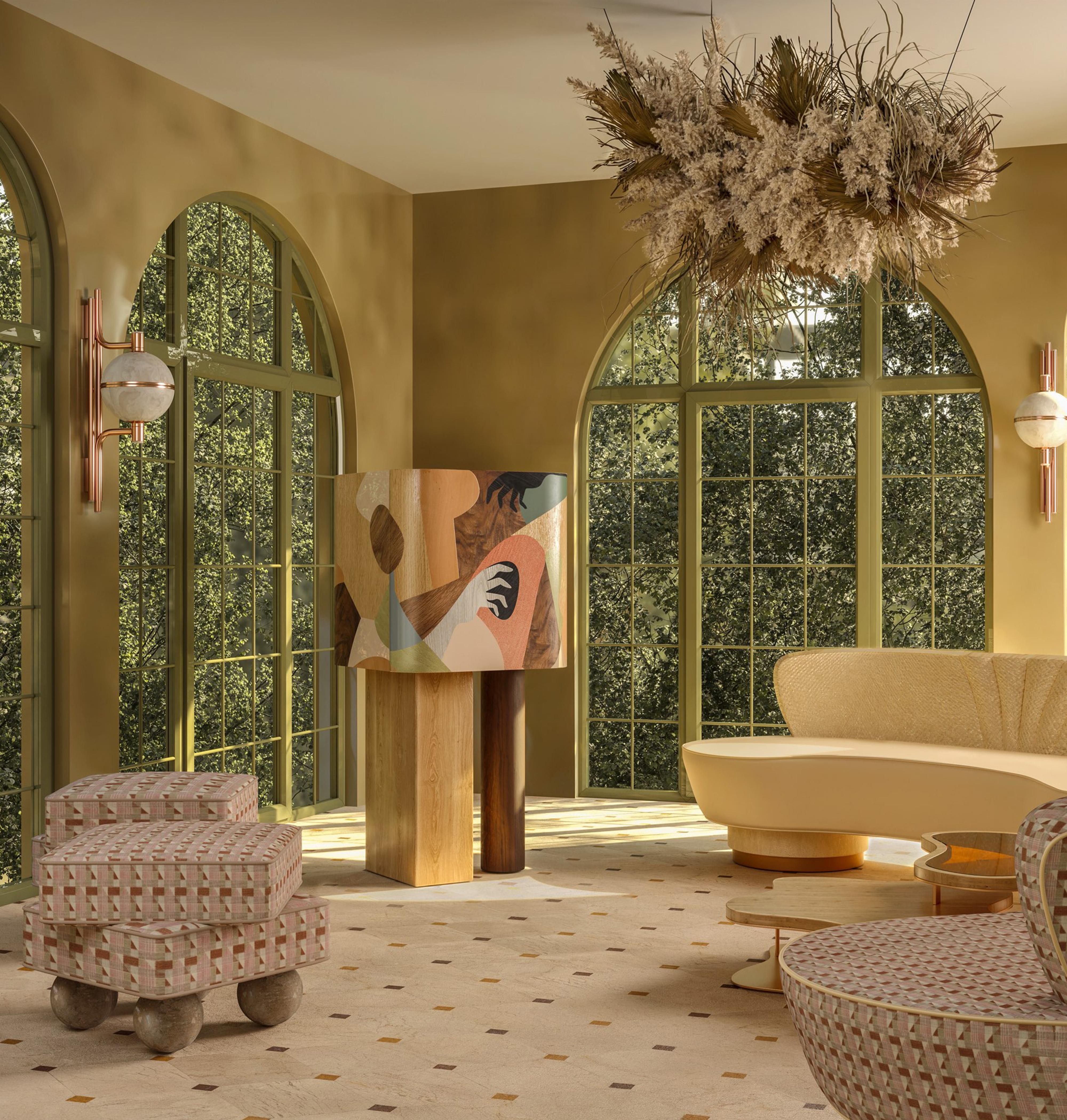 Postmoderner Hocker Madonna Lackiertes Holz Leinenstoff Made in Portugal von Malabar im Angebot 7