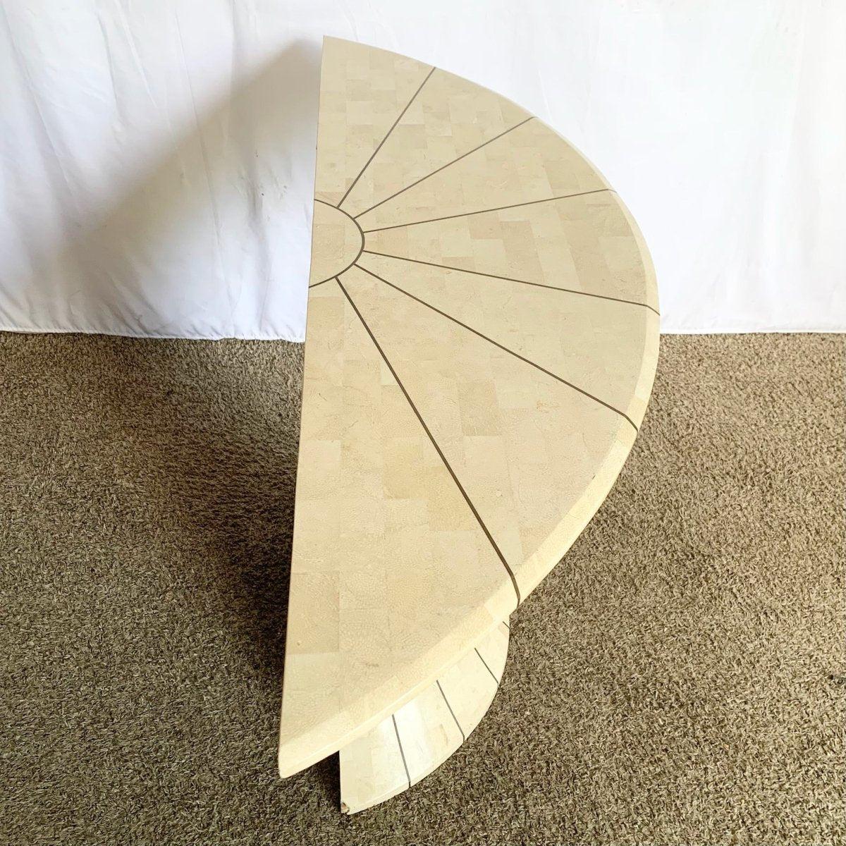 Stone Postmodern Maitland Smith Style Demi-lune Console With Brass Inlay For Sale