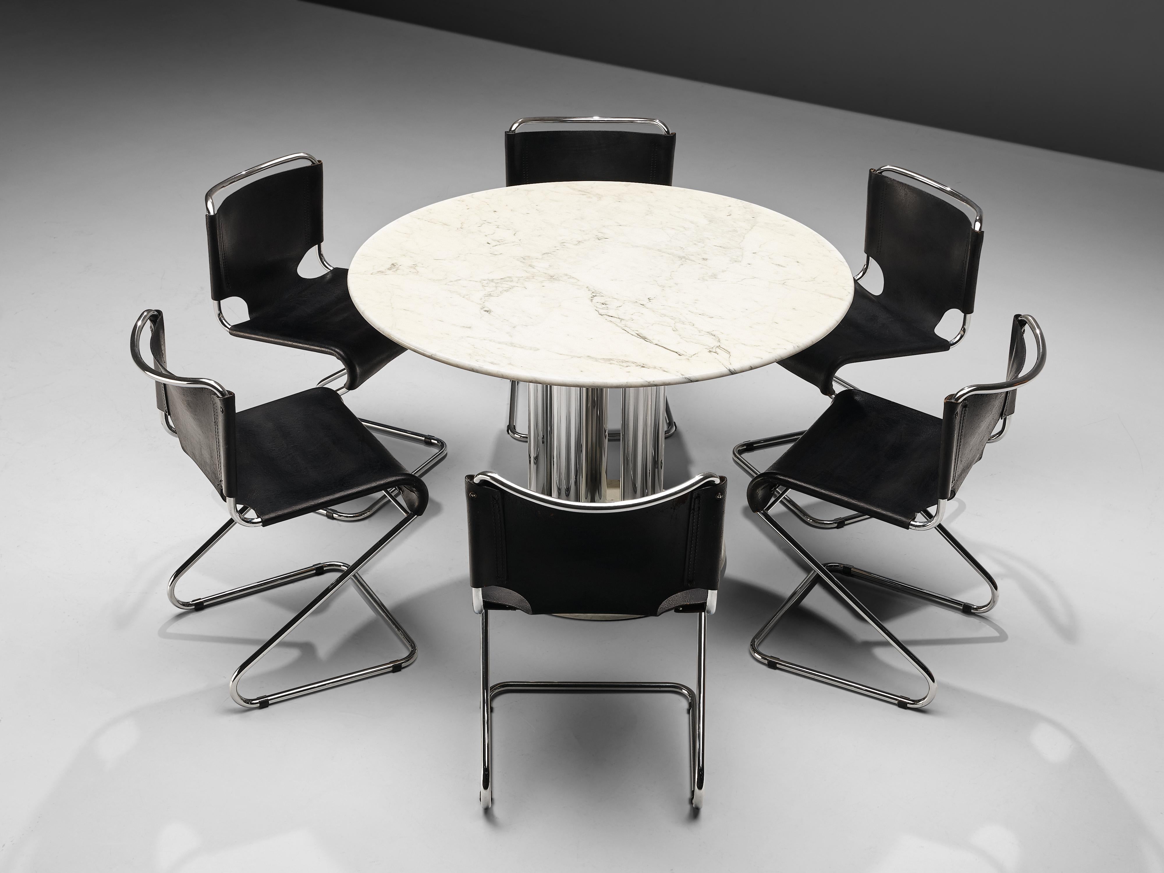European Postmodern Marble Dining Table with Pascal Mourgue 'Biscia' Chairs in Leather