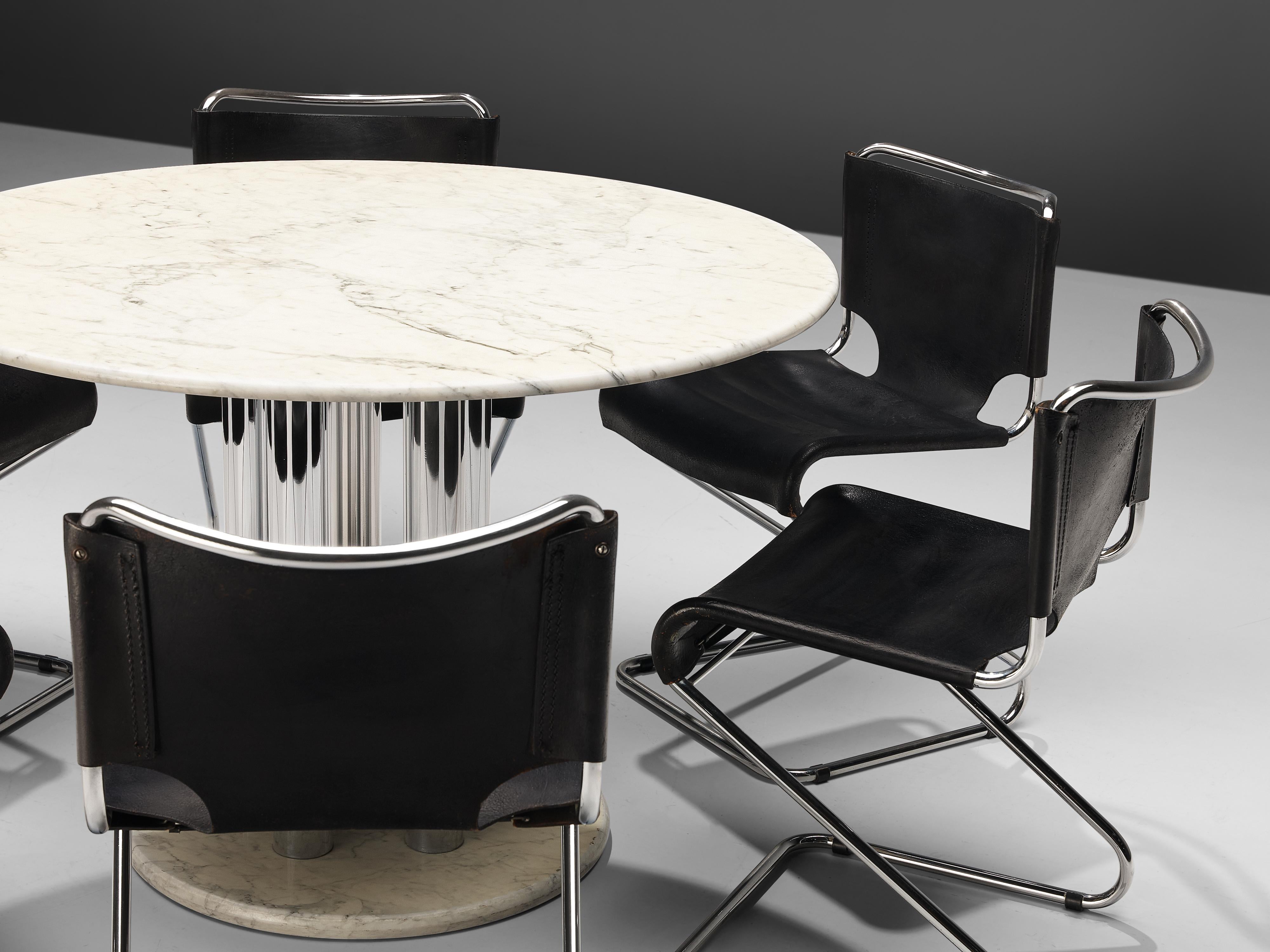 Late 20th Century Postmodern Marble Dining Table with Pascal Mourgue 'Biscia' Chairs in Leather