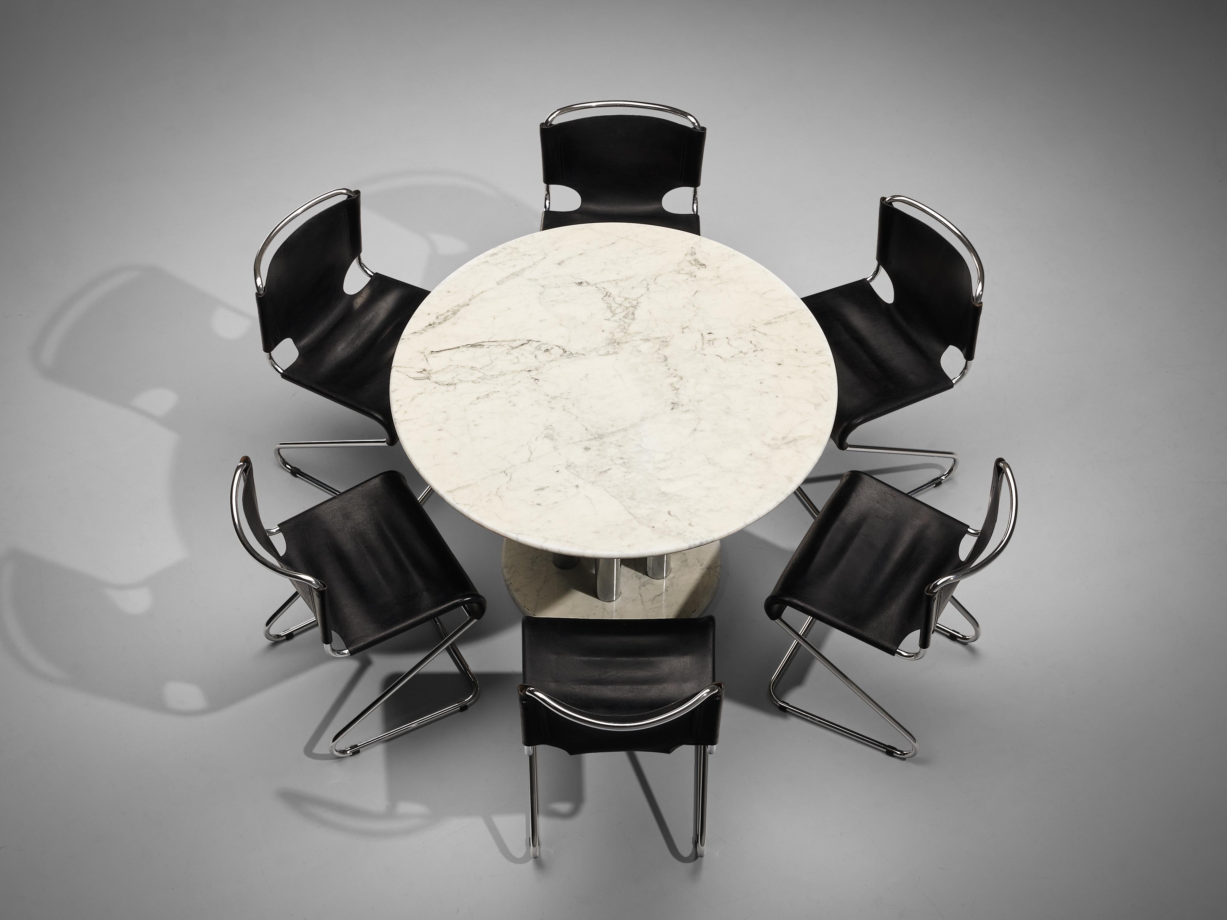 Postmodern Marble Dining Table with Pascal Mourgue 'Biscia' Chairs in Leather 1
