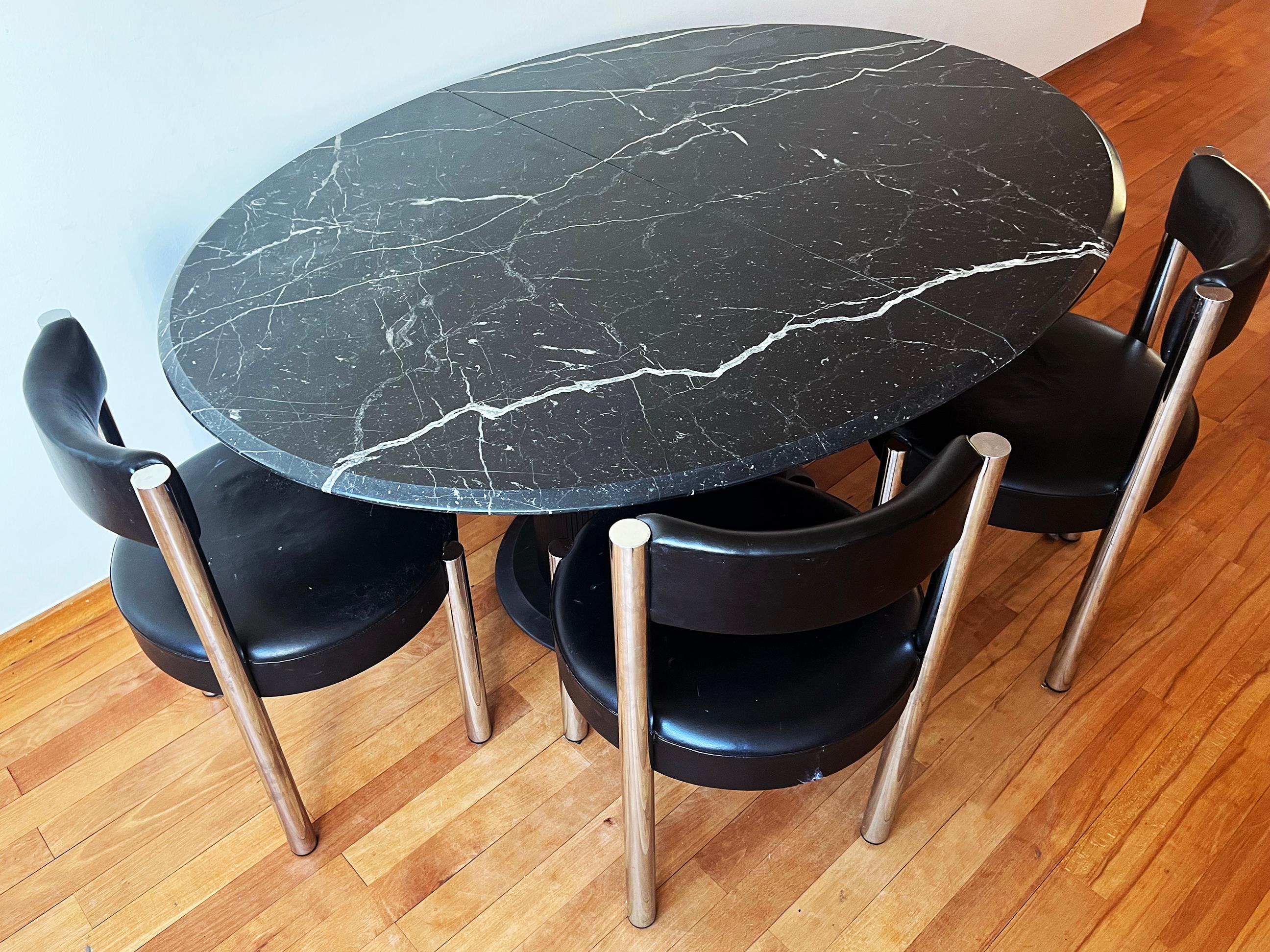 Postmodern Marble + Ebonized Wood Oval Extendable Dining Table w/ Pedestal Base For Sale 5
