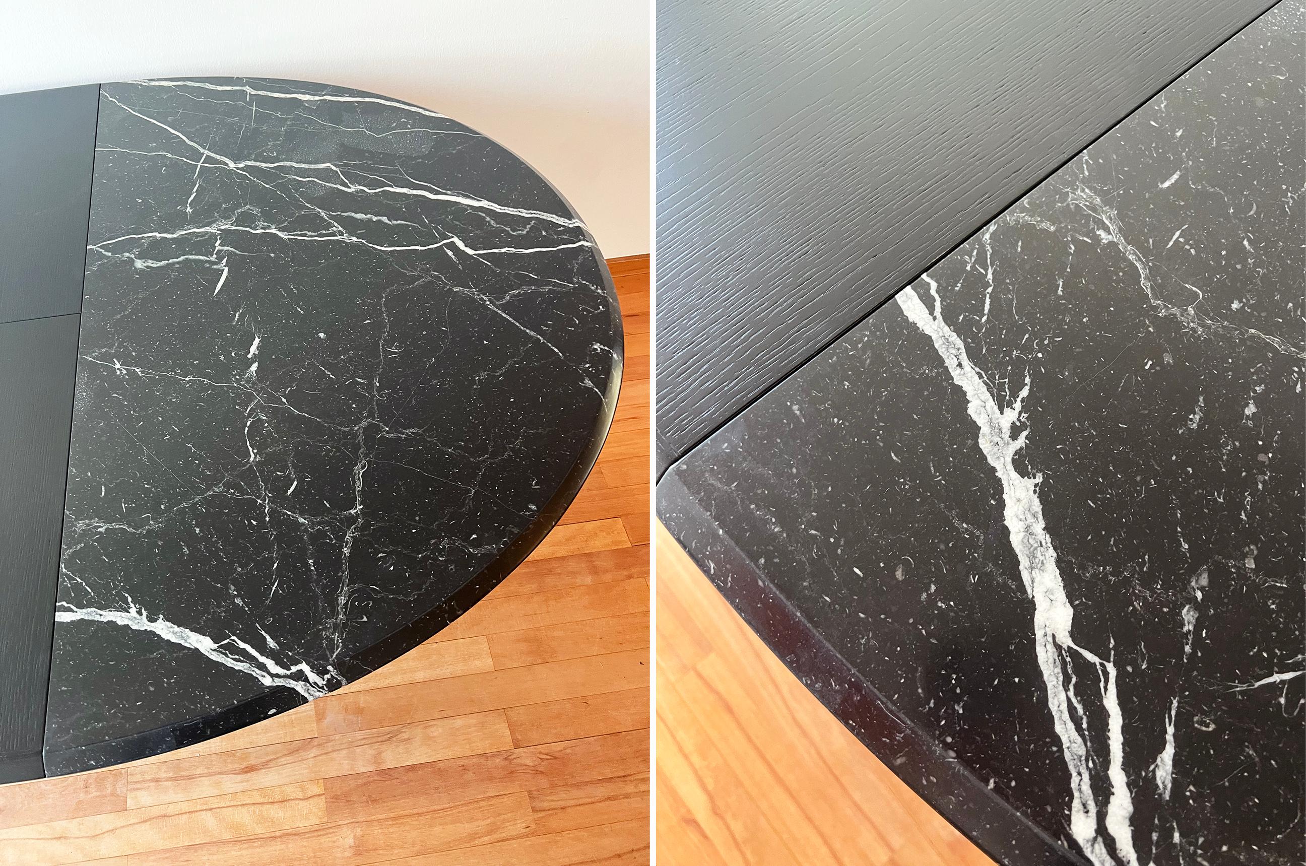 Italian Postmodern Marble + Ebonized Wood Oval Extendable Dining Table w/ Pedestal Base For Sale