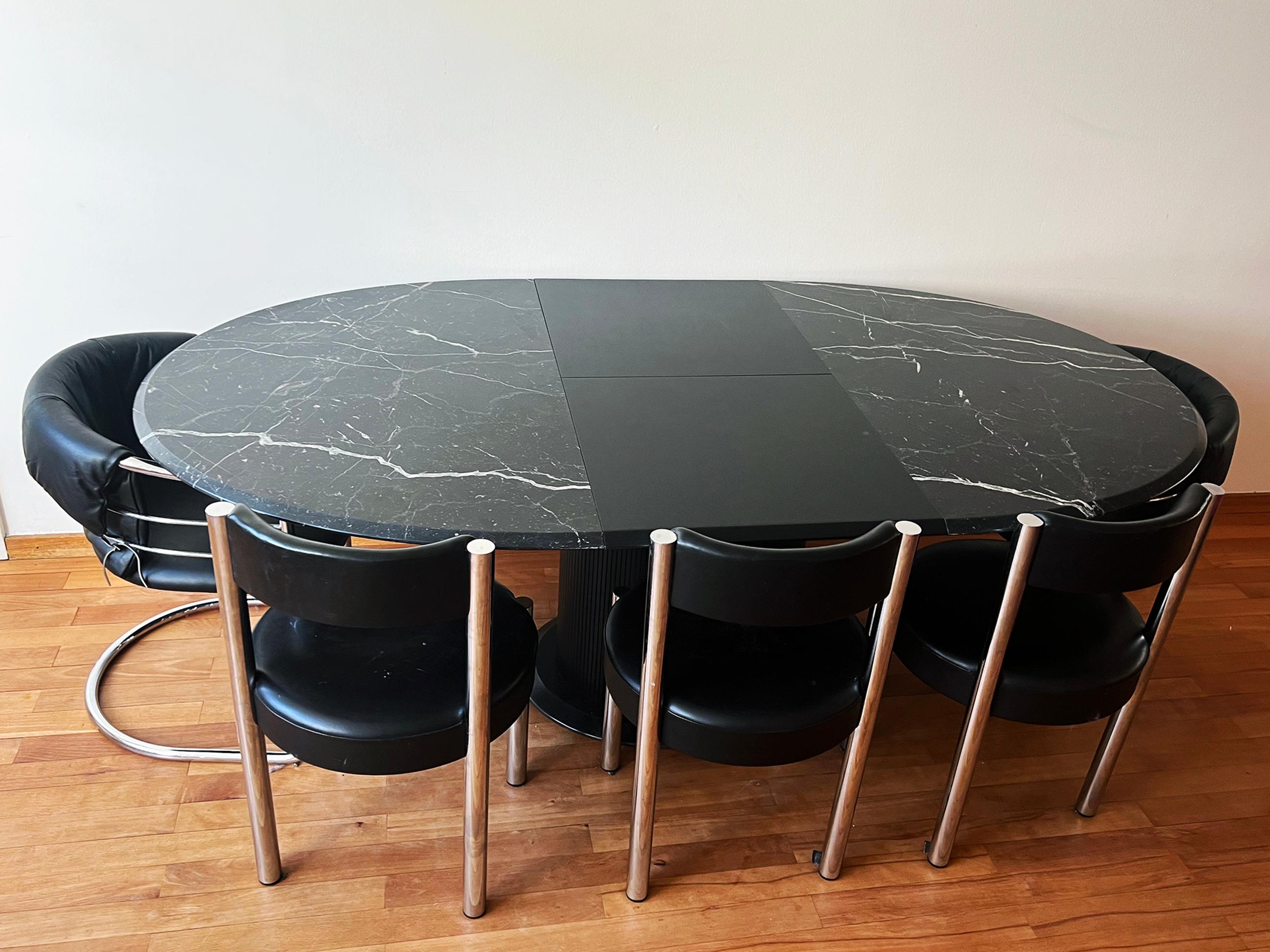 Late 20th Century Postmodern Marble + Ebonized Wood Oval Extendable Dining Table w/ Pedestal Base For Sale