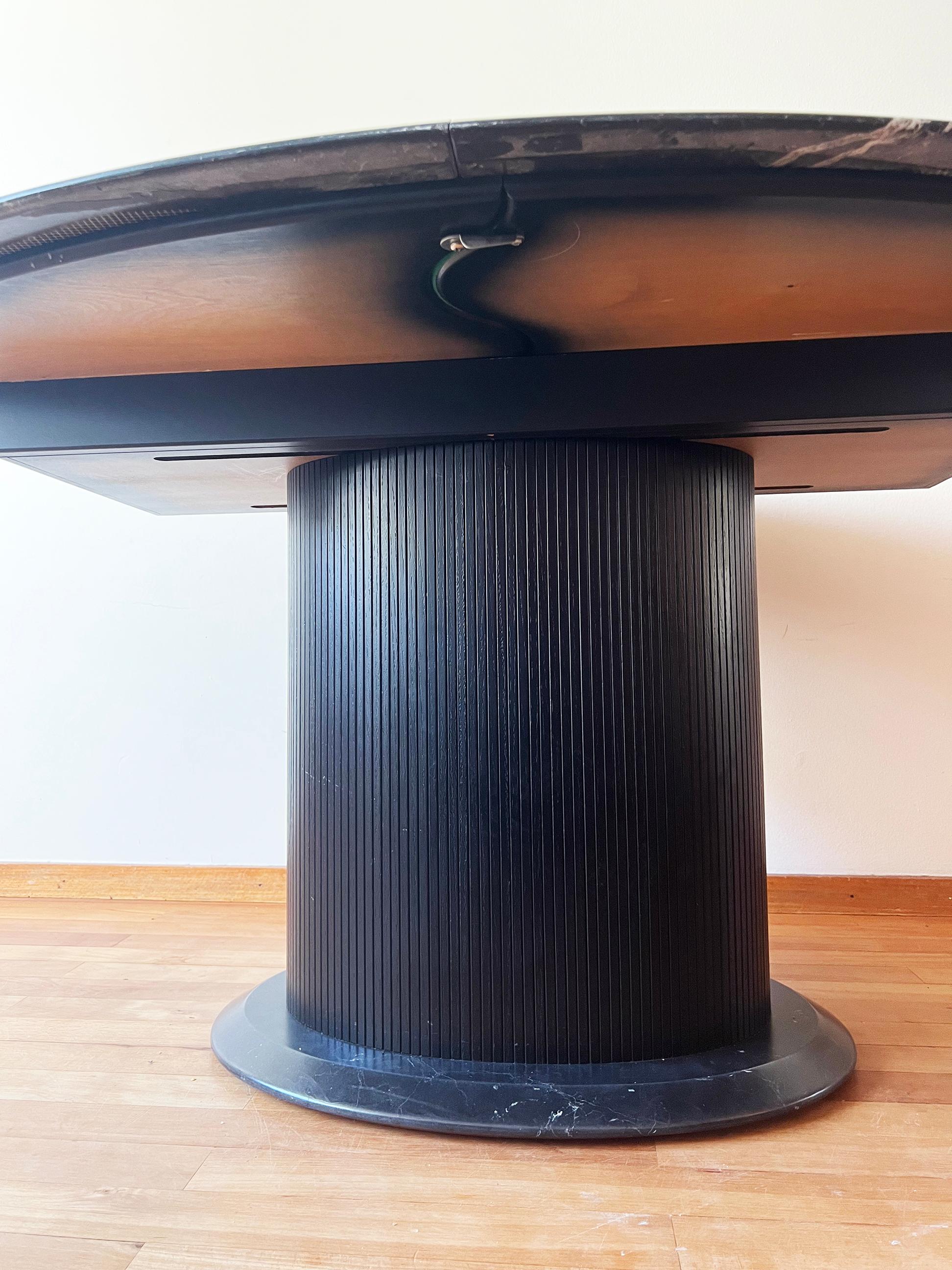 Postmodern Marble + Ebonized Wood Oval Extendable Dining Table w/ Pedestal Base For Sale 1