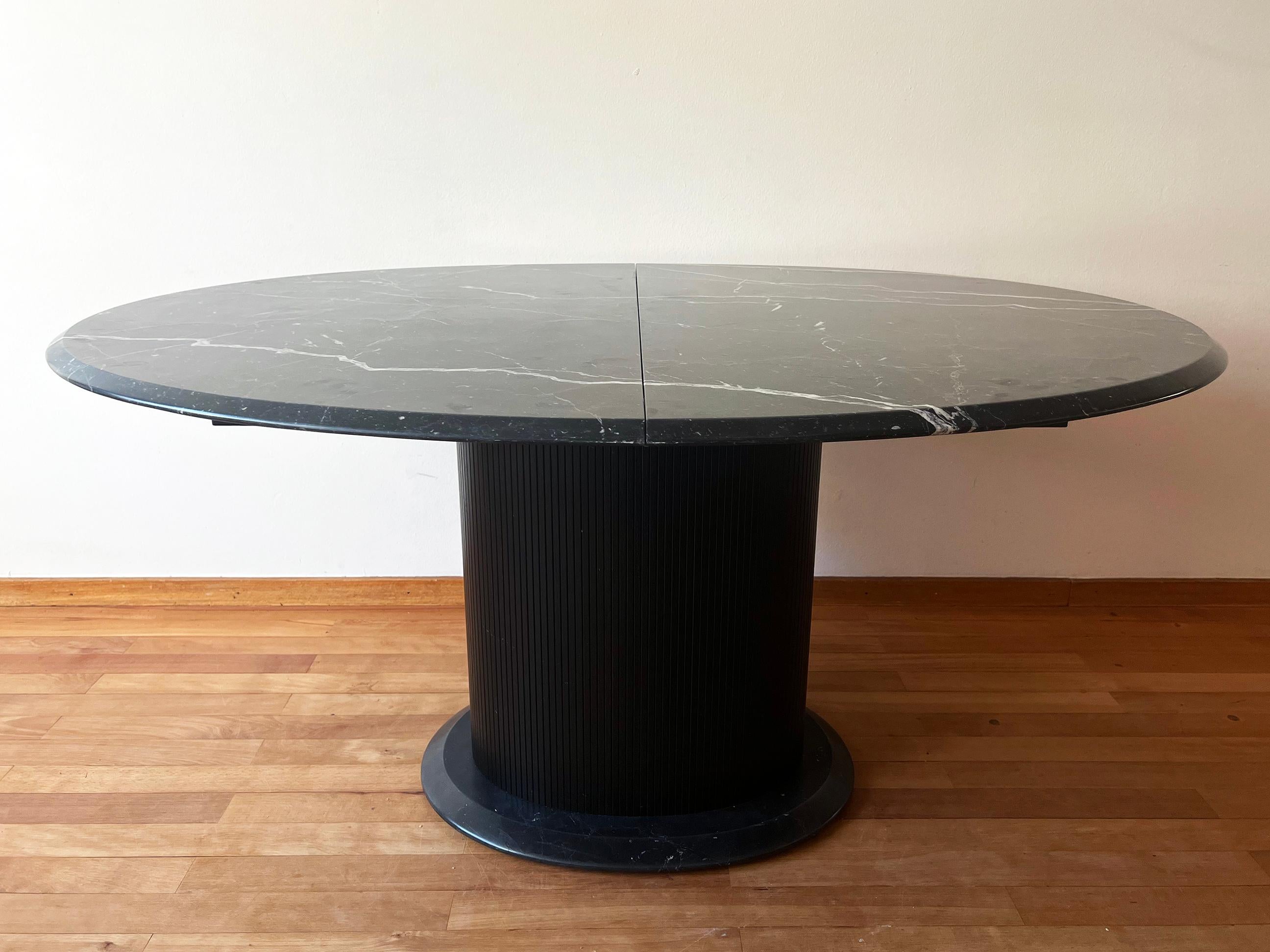 Postmodern Marble + Ebonized Wood Oval Extendable Dining Table w/ Pedestal Base For Sale 2