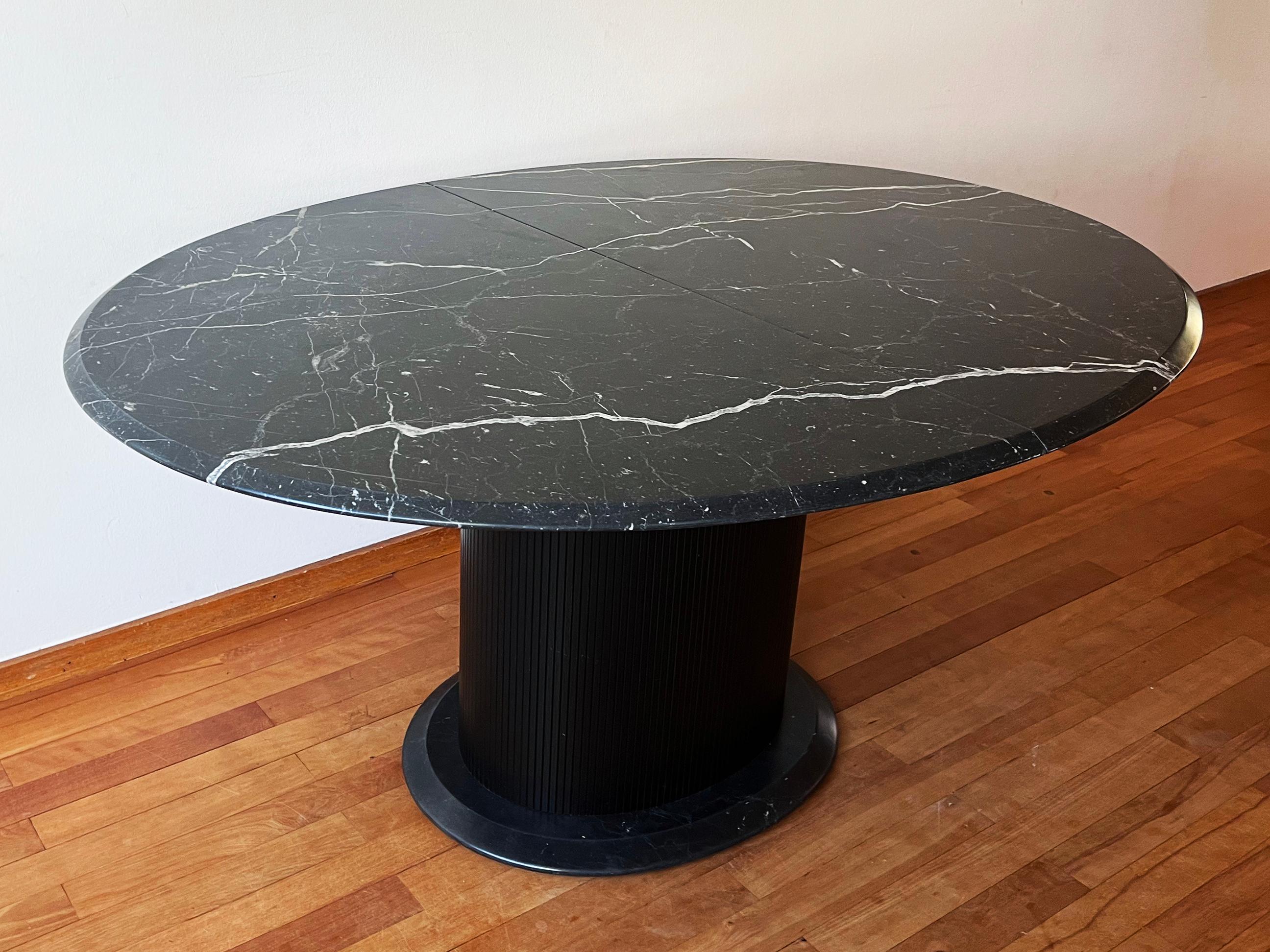 Postmodern Marble + Ebonized Wood Oval Extendable Dining Table w/ Pedestal Base For Sale 3