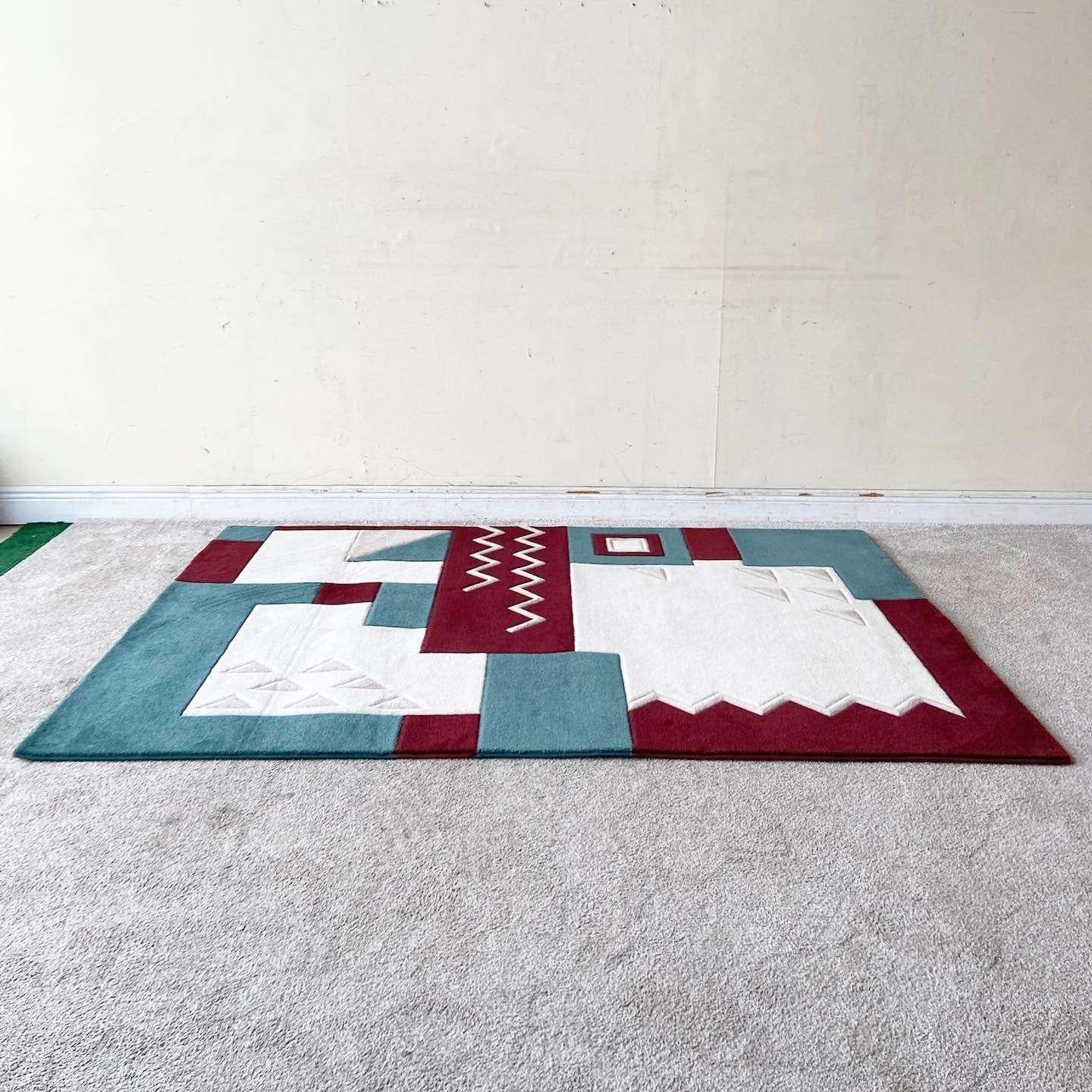 Late 20th Century Postmodern Maroon, Blue and Beige Area Rug For Sale