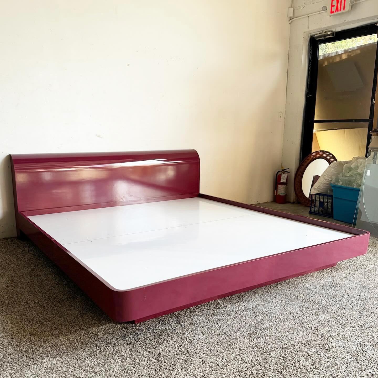 American Postmodern Maroon Lacquer Laminate King Size Platform Bed and Headboard For Sale