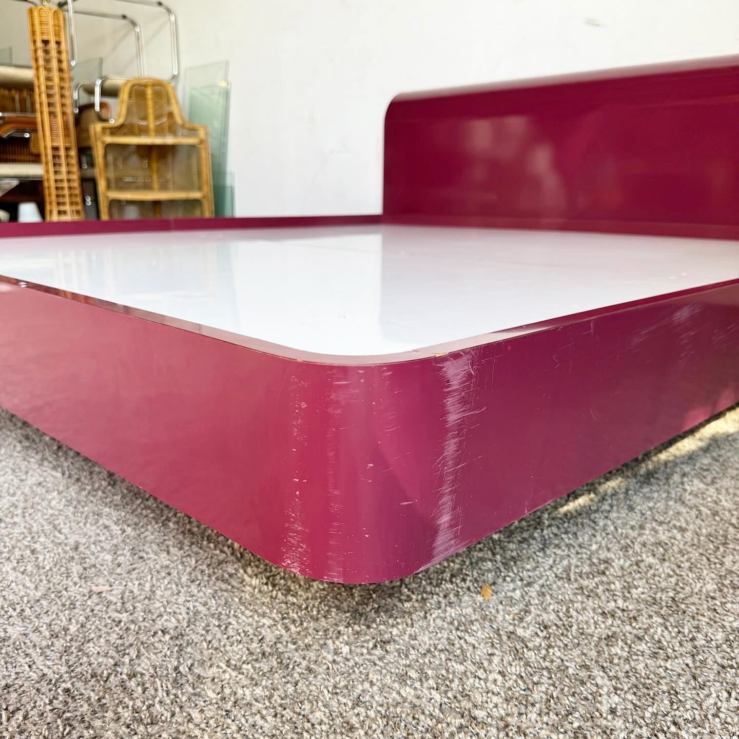 Postmodern Maroon Lacquer Laminate King Size Platform Bed and Headboard In Good Condition For Sale In Delray Beach, FL