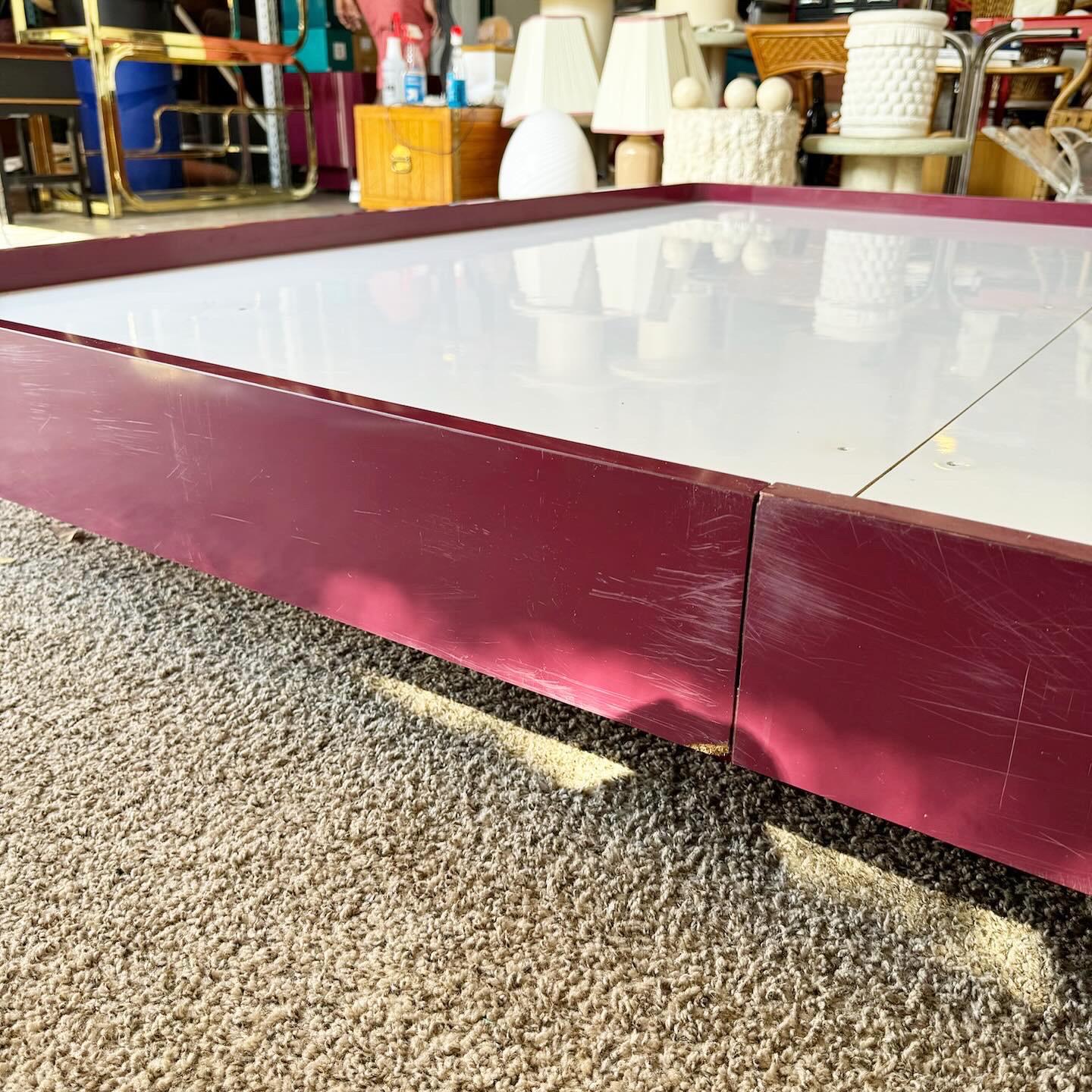 20th Century Postmodern Maroon Lacquer Laminate King Size Platform Bed and Headboard For Sale