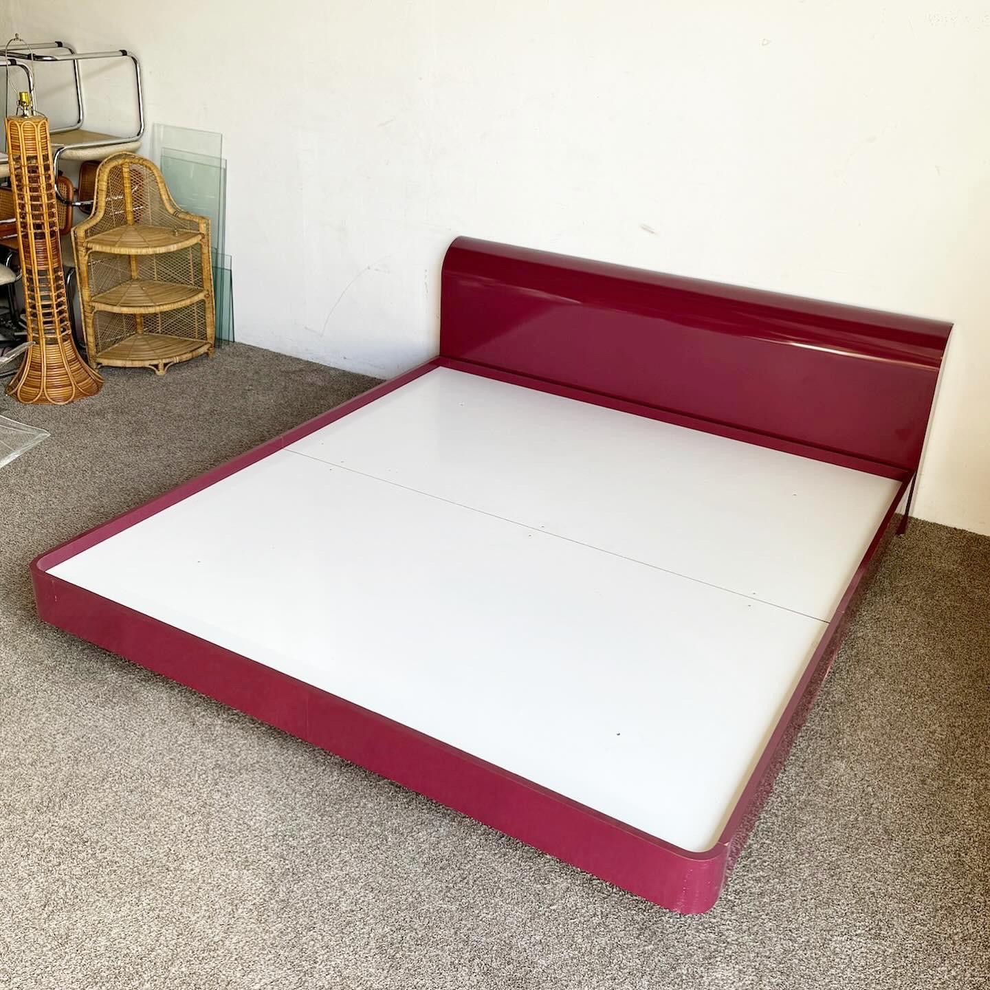 Postmodern Maroon Lacquer Laminate King Size Platform Bed and Headboard For Sale 1
