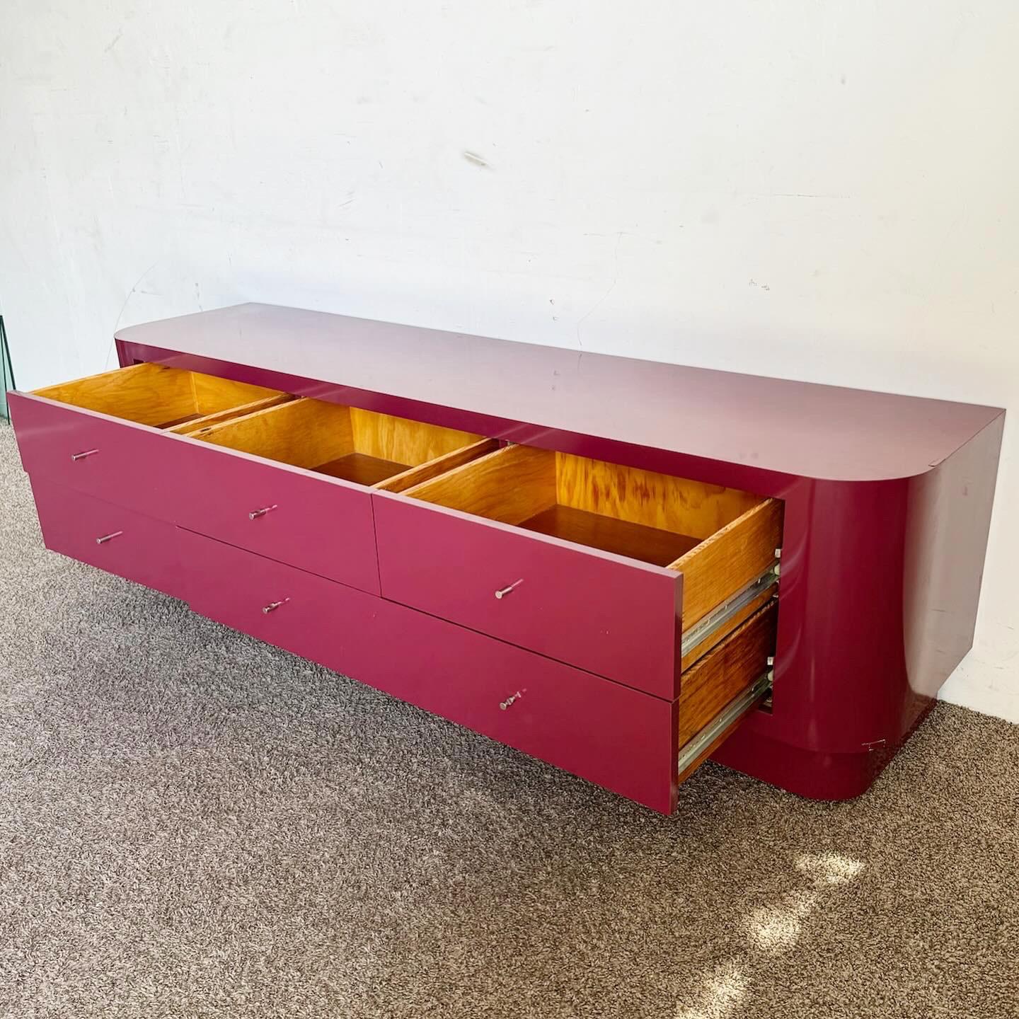 American Postmodern Maroon Lacquer Laminate Lowboy Dresser For Sale