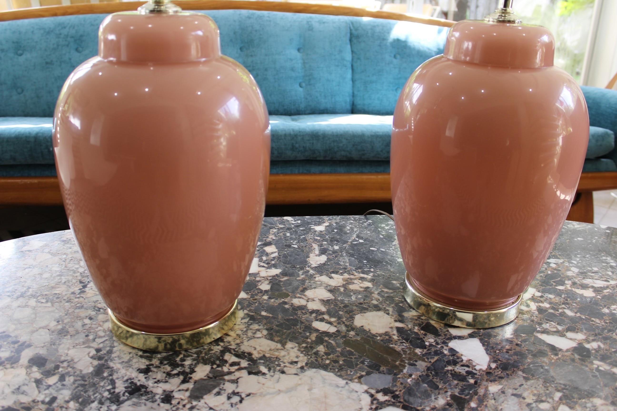 Pair of Postmodern 1980’s Mauve and Gold Round Glass Lamps. Gold base. 