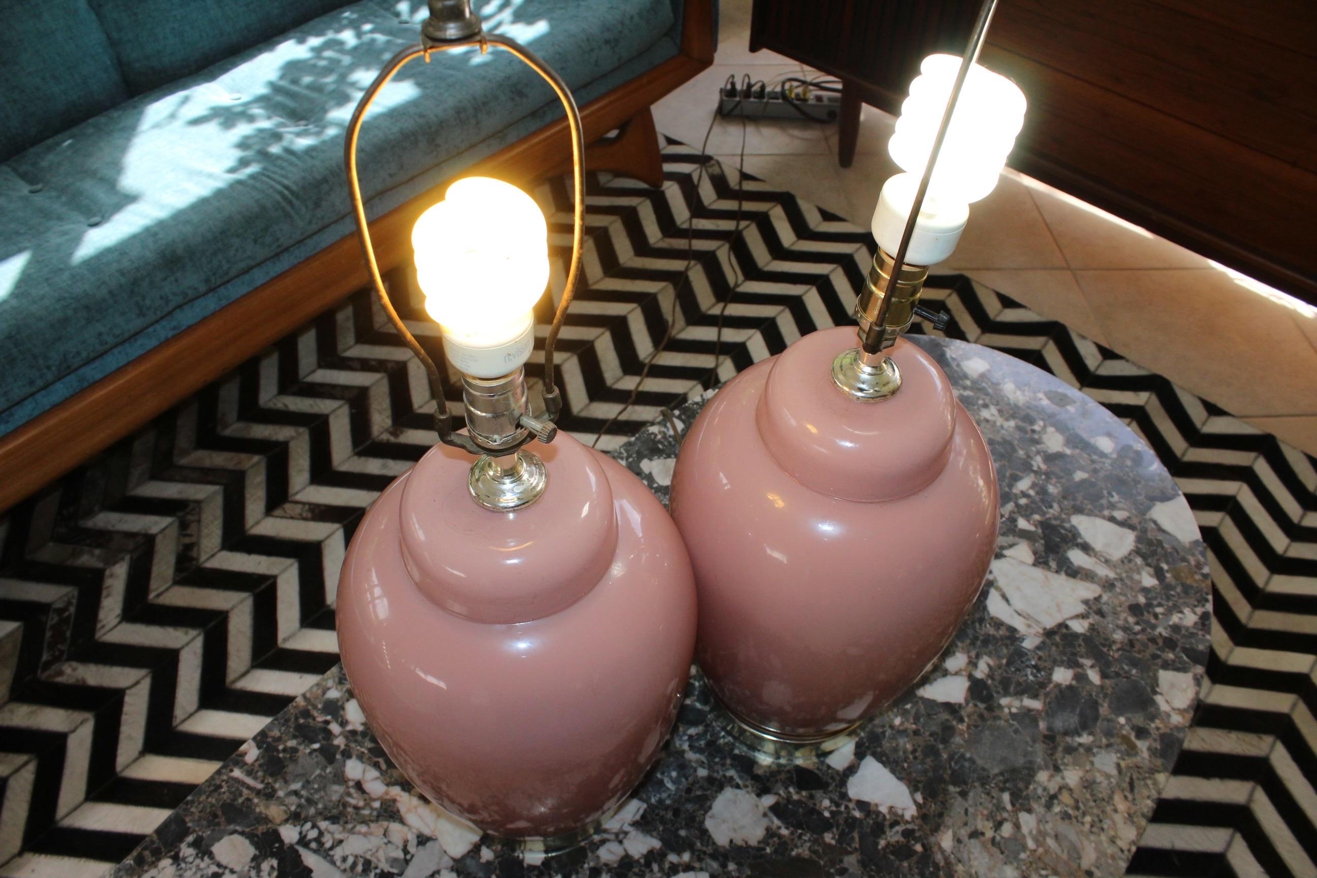 American Postmodern Mauve and Gold Round Glass Table Lamps-A Pair For Sale