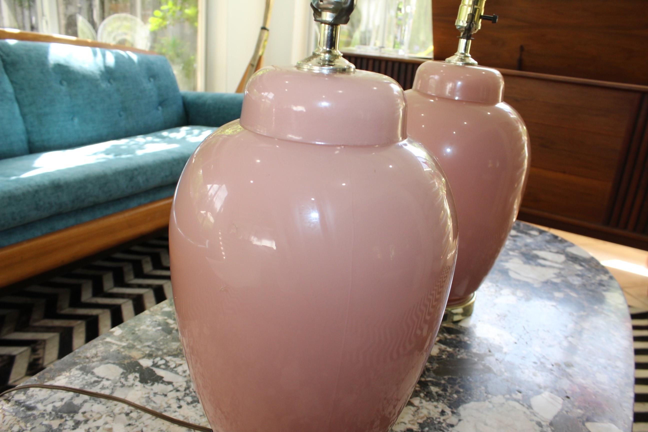 Postmodern Mauve and Gold Round Glass Table Lamps-A Pair In Good Condition For Sale In Hollywood, FL