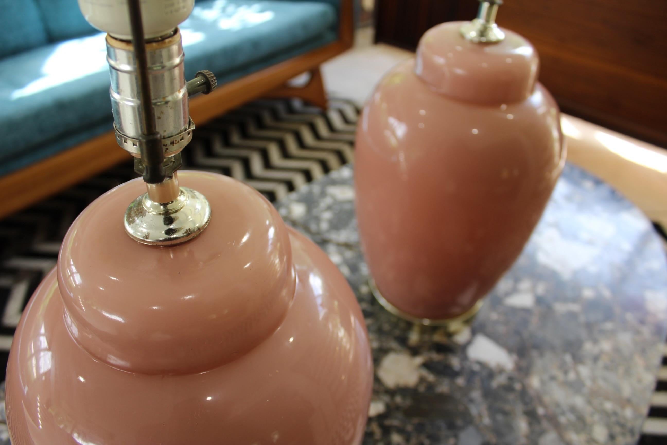 20th Century Postmodern Mauve and Gold Round Glass Table Lamps-A Pair For Sale
