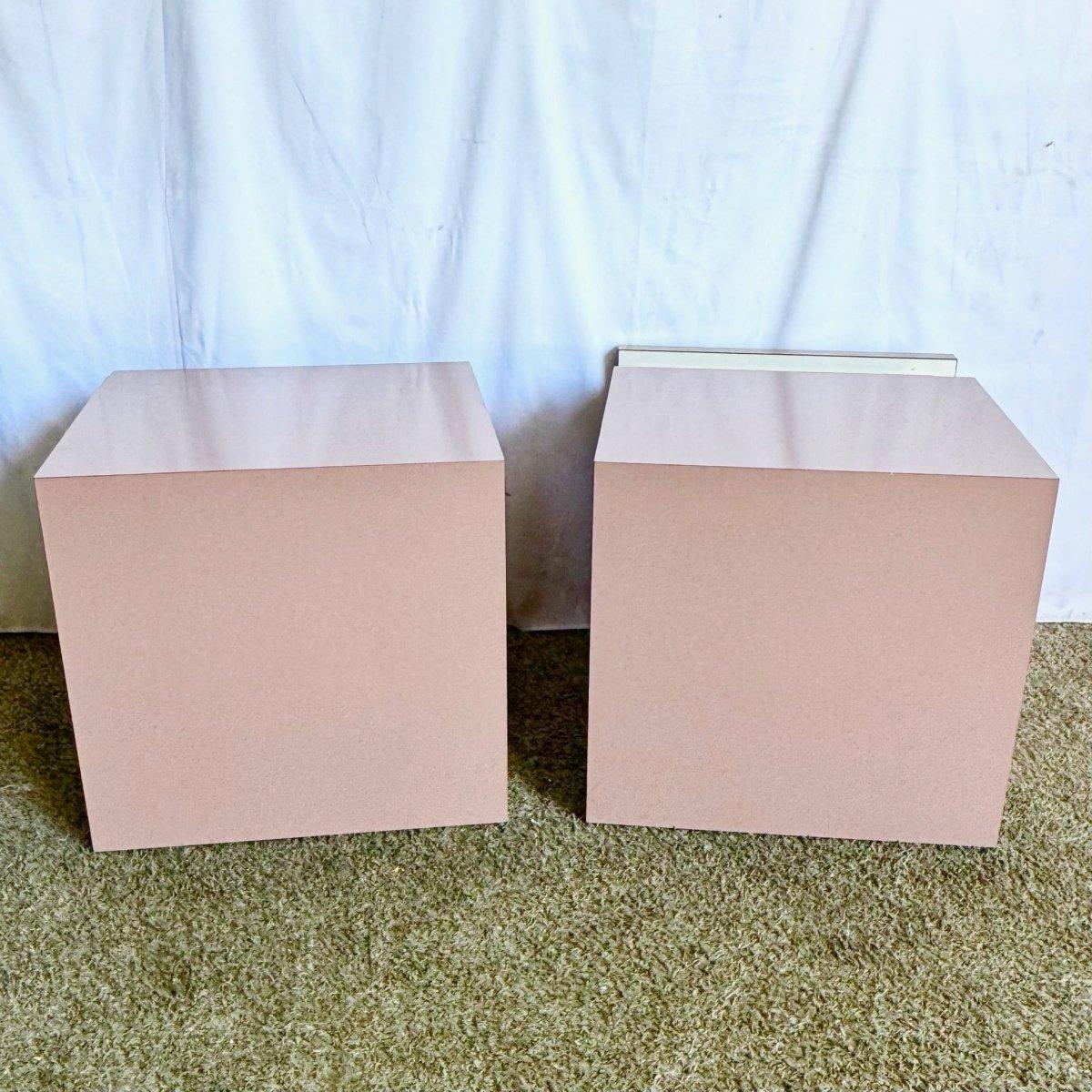 American Postmodern Mauve Lacquer Laminate Block Nightstands/Side Tables - A Pair For Sale