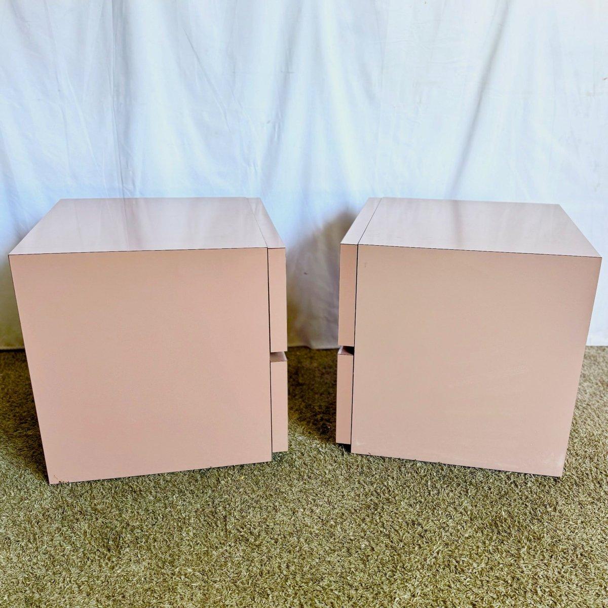 Late 20th Century Postmodern Mauve Lacquer Laminate Block Nightstands/Side Tables - A Pair For Sale