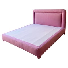 Retro Postmodern Mauve Pink Fabric King Size Platform Bed with Headboard