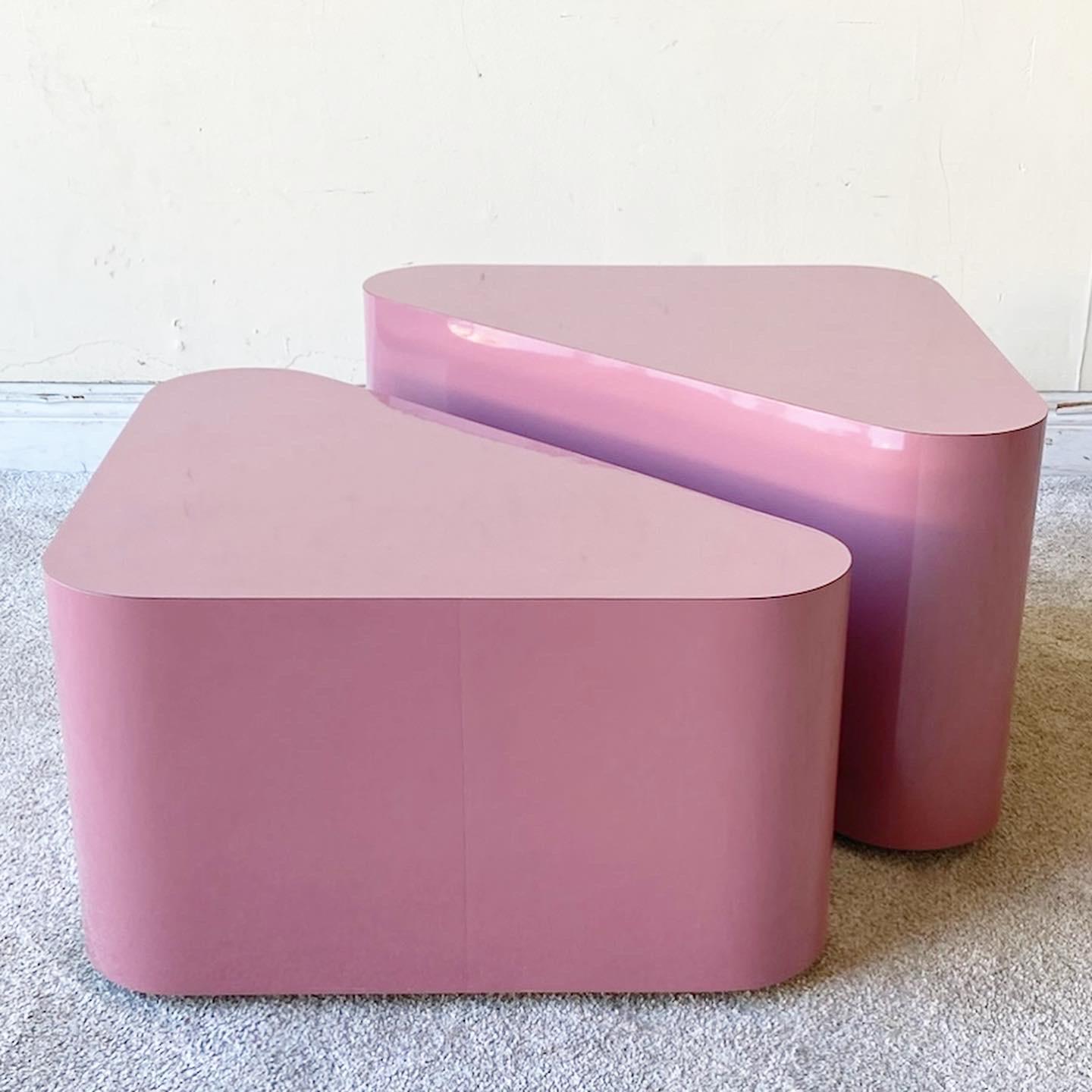 Postmodern Mauve Pink Lacquer Laminate Triangular Tables on Wheels 4